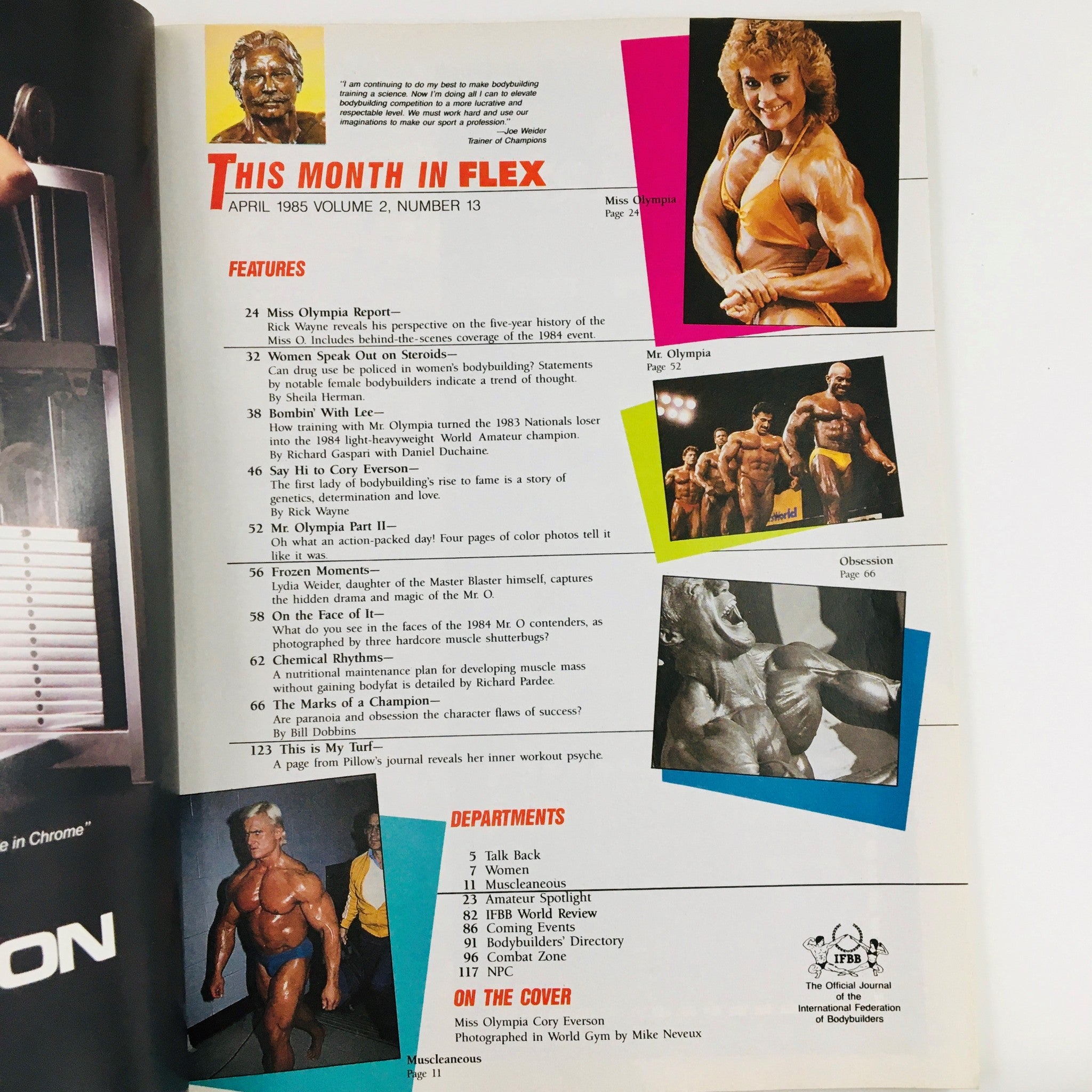Inside page of Joe Weider's Flex Magazine April 1985, featuring content overview including articles on Miss Olympia and Cory Everson, with colorful highlighted sections and images of bodybuilders.