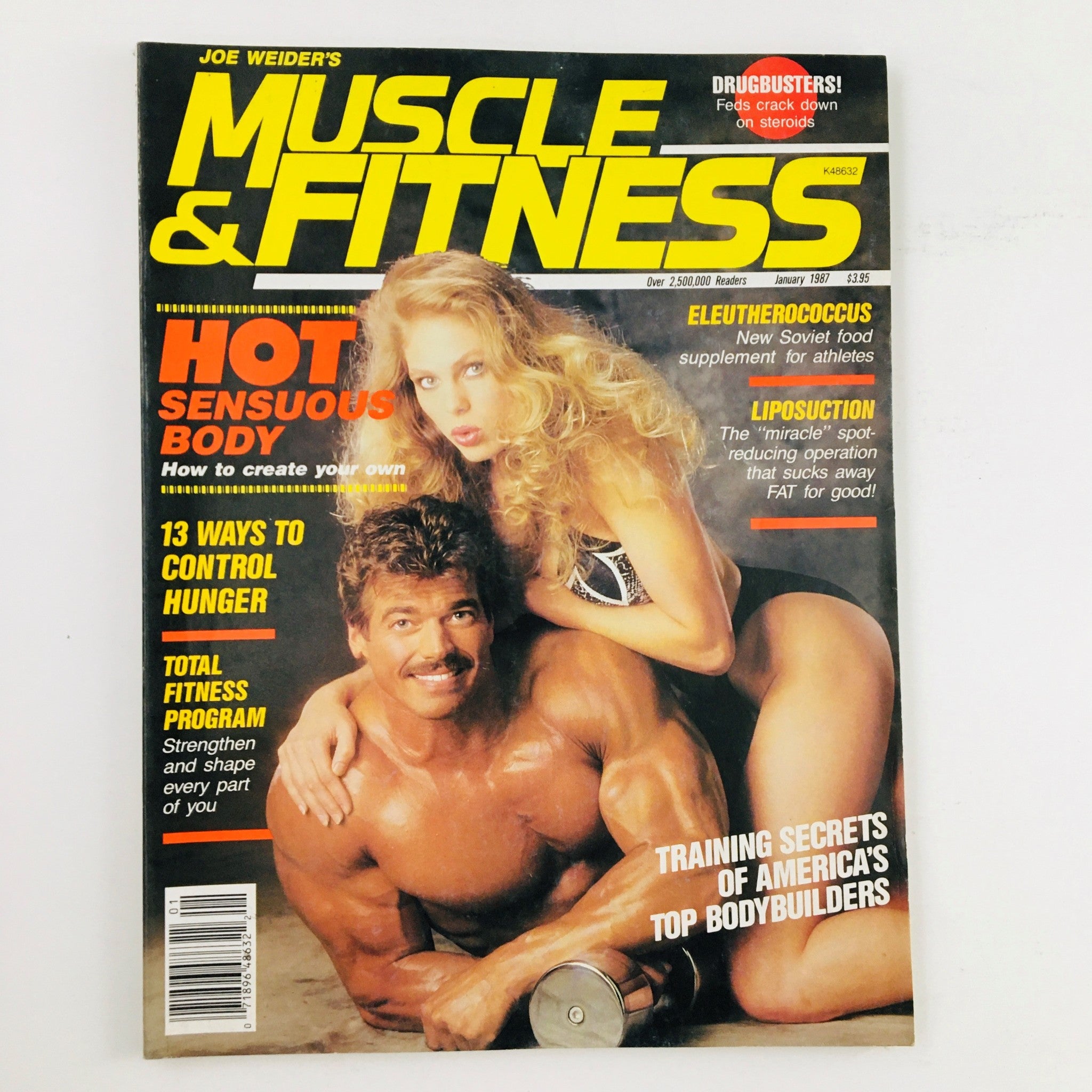 Cover of Muscle & Fitness Magazine January 1987 featuring Linda Karecki and Jeff Smullen, showcasing fitness culture with headlines about body trends and health.