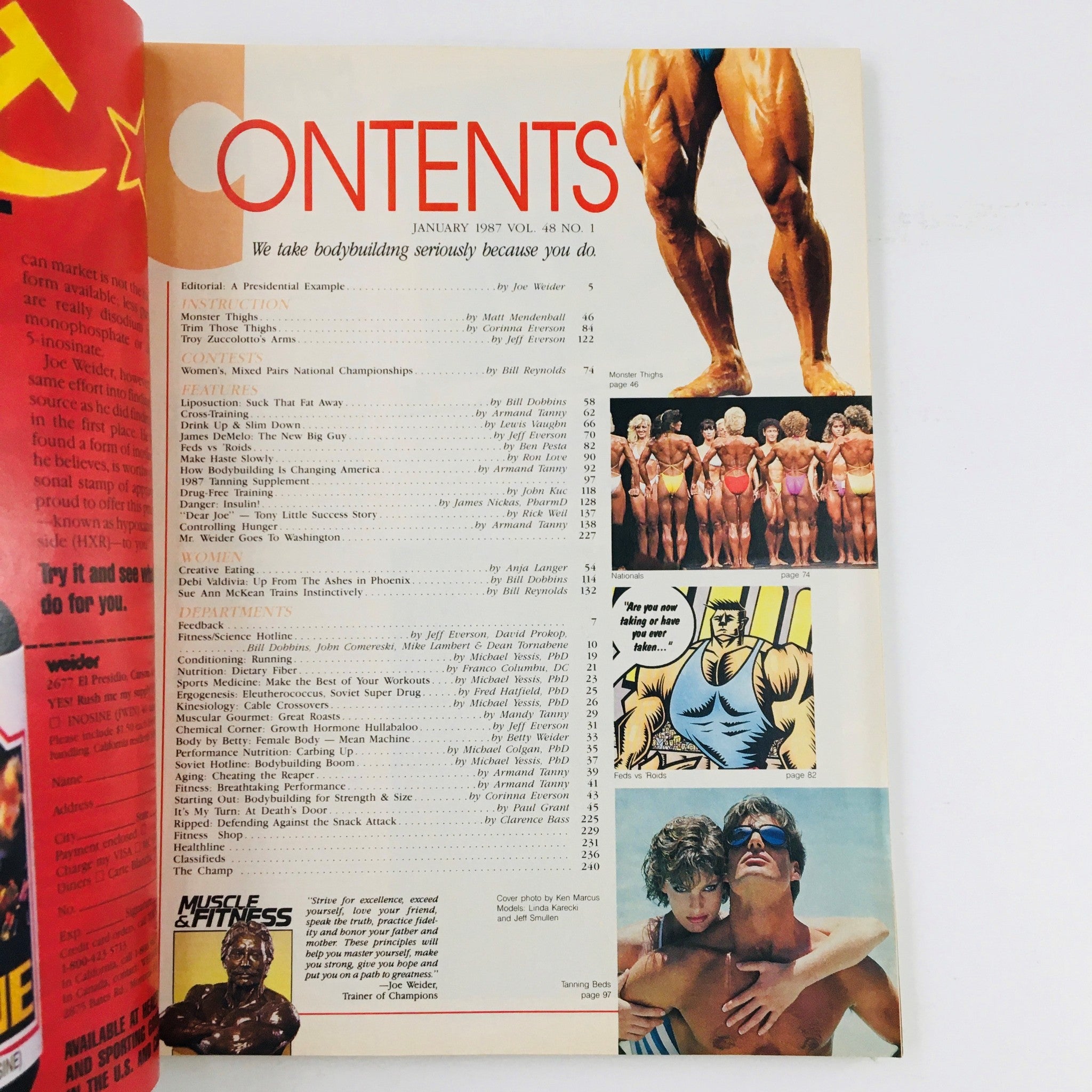 Contents page of Muscle & Fitness Magazine January 1987, detailing featured articles and topics related to bodybuilding and fitness trends from the 1980s.