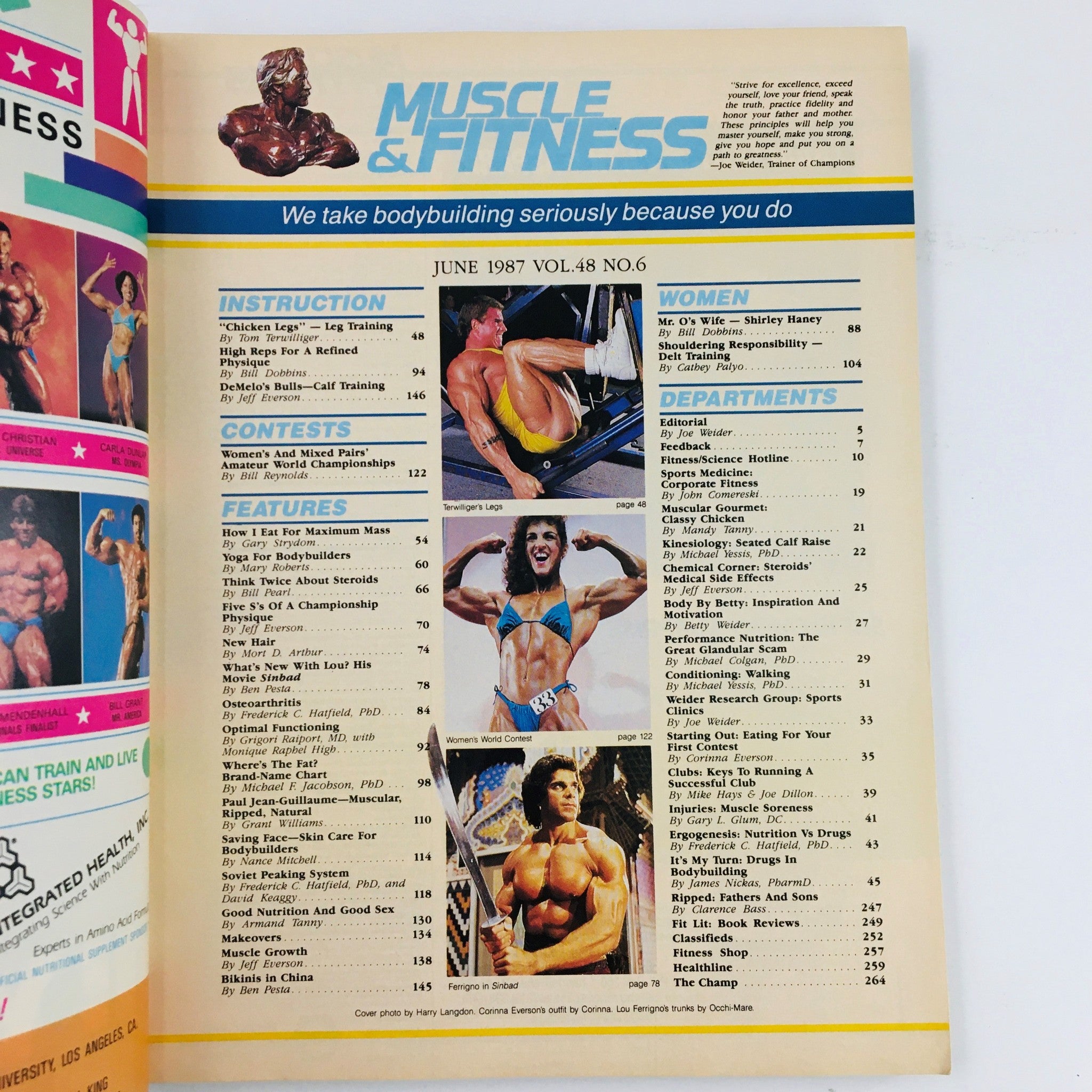 Muscle & Fitness Magazine June 1987, featuring a table of contents including workouts, nutrition advice, and interviews with fitness legends like Lou Ferrigno and Corinna Everson.