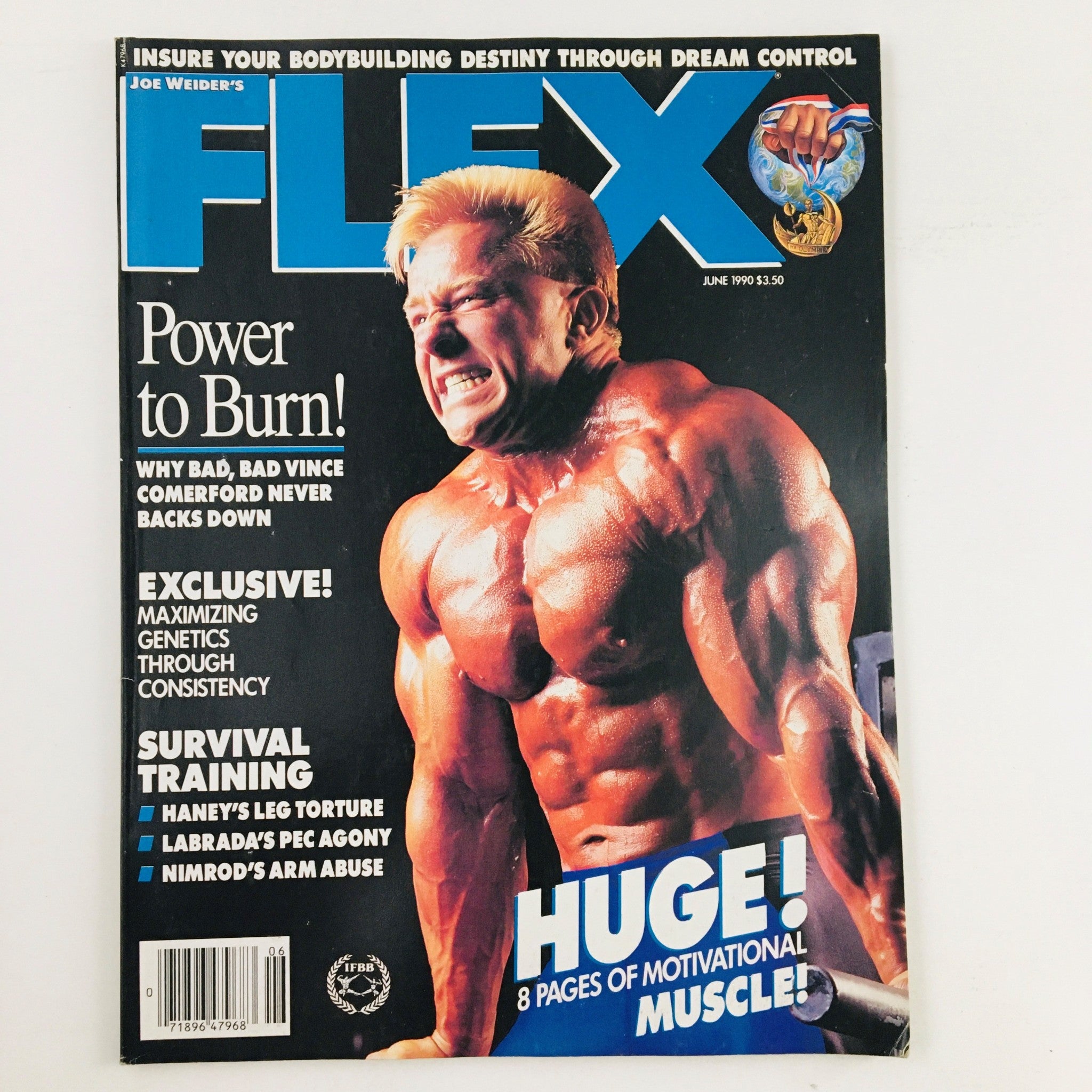 Cover of Joe Weider's Flex Magazine June 1990 featuring bodybuilder Vince Comerford. The magazine headlines include 'Power to Burn!' and 'Exclusive: Maximizing Genetics Through Consistency.' A muscular Vince Comerford is depicted, showcasing his physique.