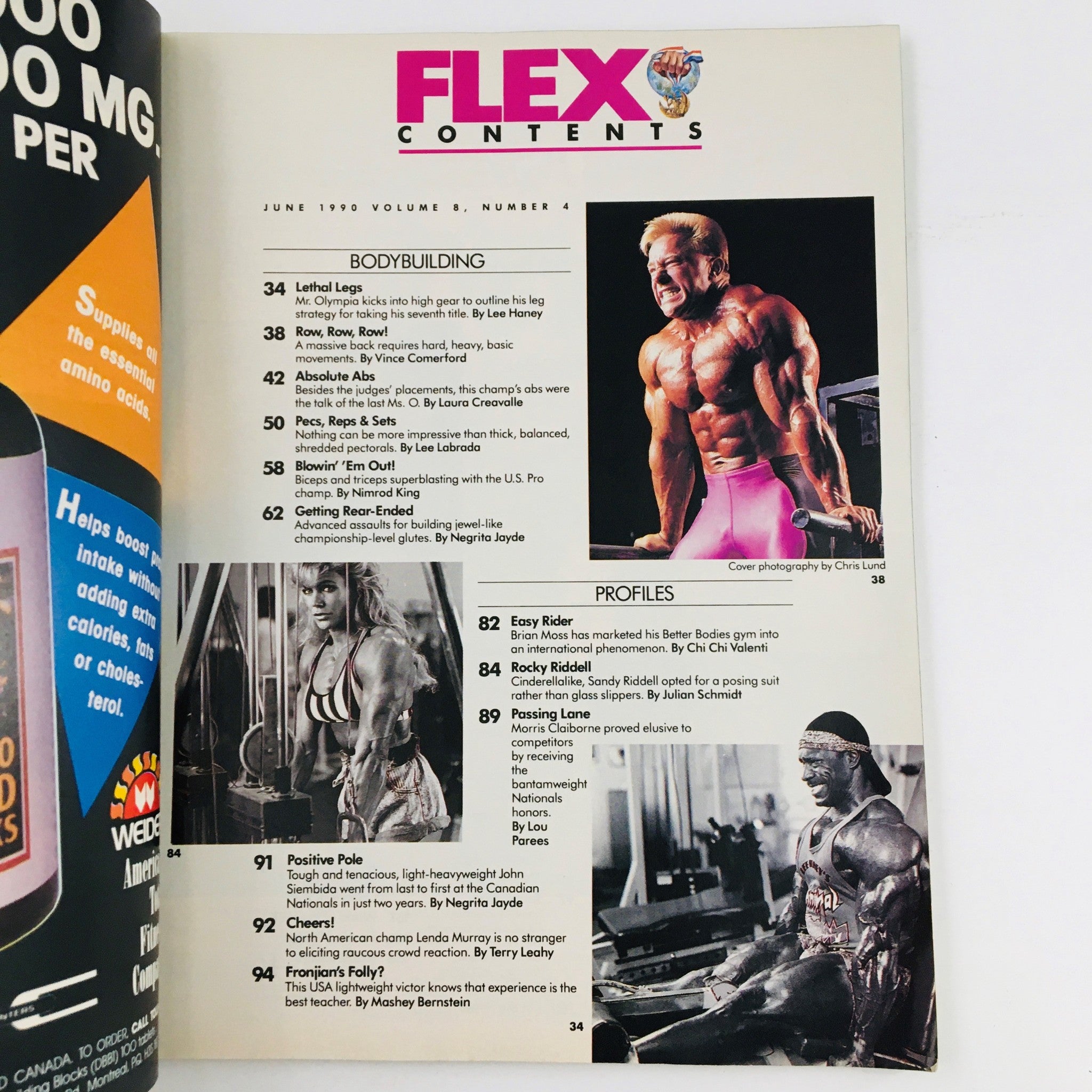 Contents page of Joe Weider's Flex Magazine June 1990. The page highlights bodybuilding articles and profiles including contributions from Vince Comerford. The layout features various topics and a photo of Vince Comerford included.