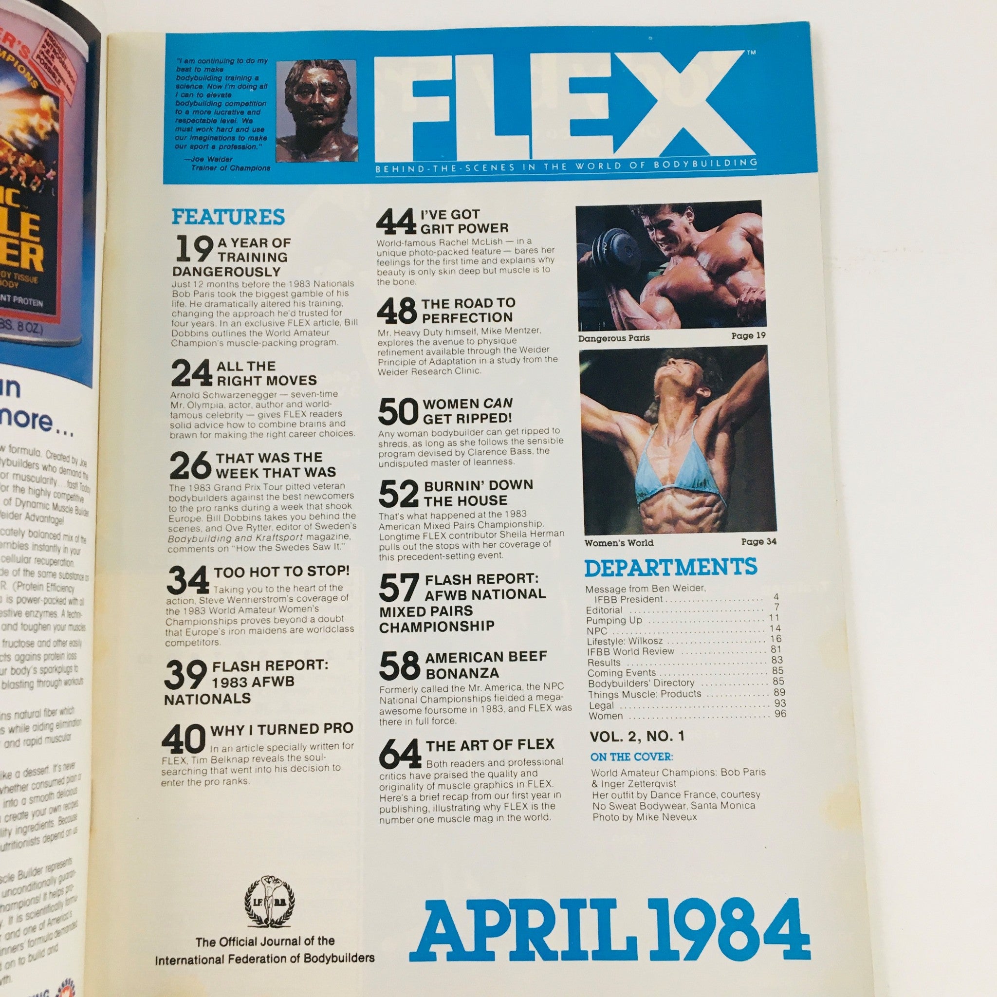Inside page of Joe Weider's Flex Magazine April 1984 displaying features and departments, including articles on training, bodybuilding events, and tips from renowned fitness figures.