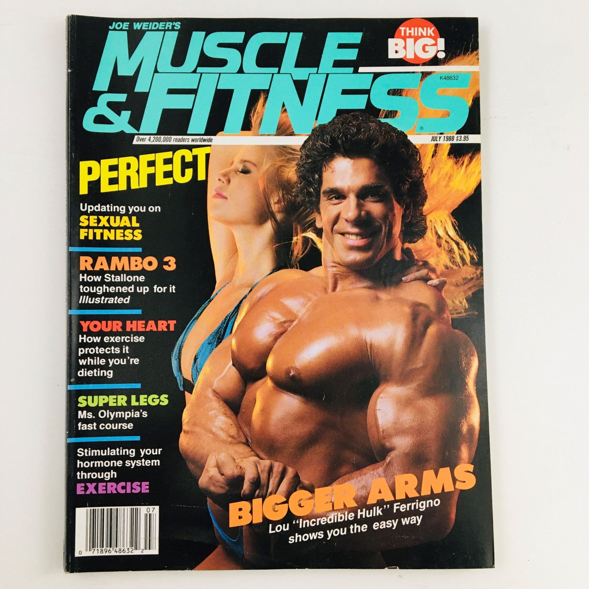 Cover of Muscle & Fitness Magazine July 1988 featuring Lou Ferrigno, known as the 'Incredible Hulk,' showcasing his muscular physique alongside model Dawn Farnham. The magazine includes fitness tips, training advice, and bodybuilding insights.