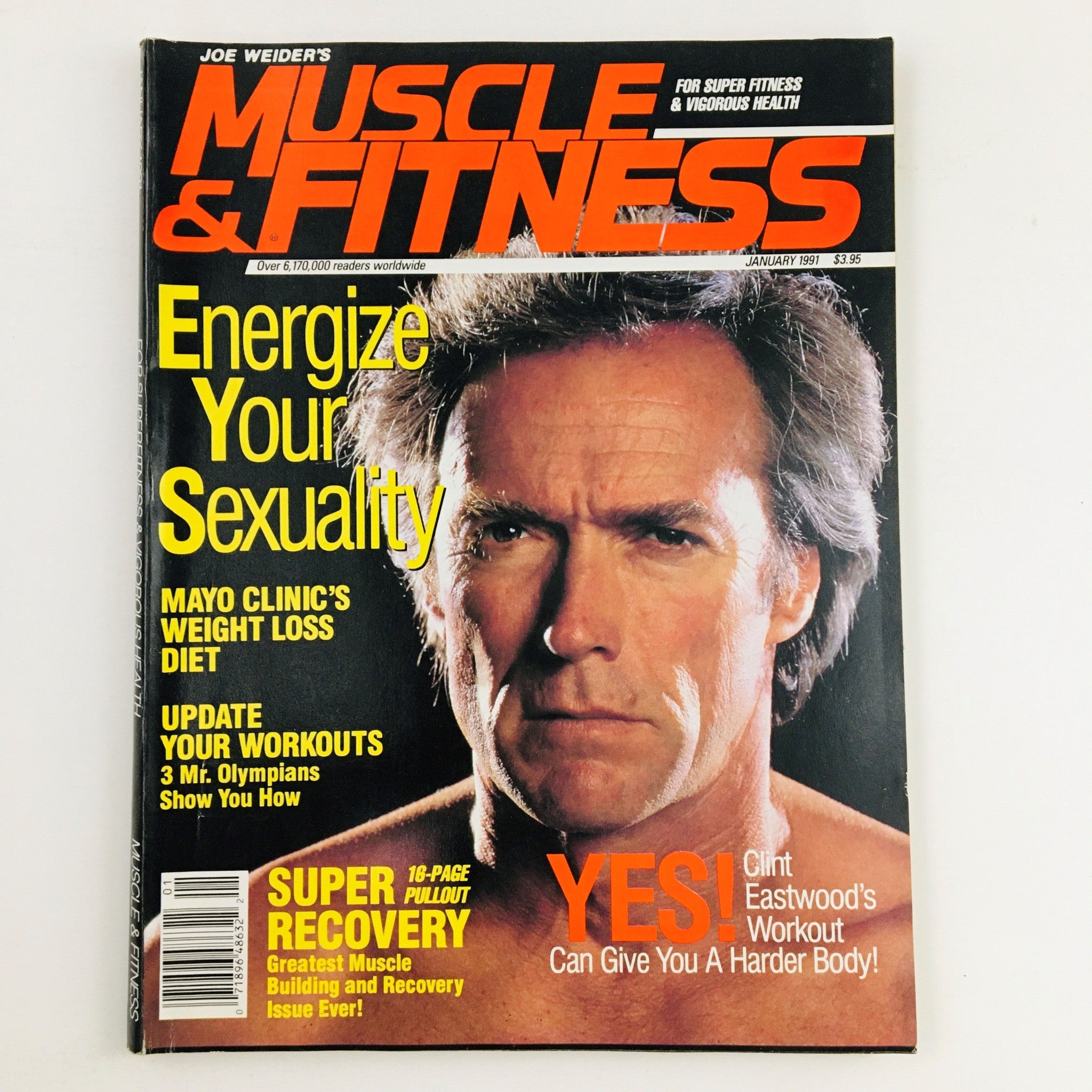 Muscle & Fitness Magazine January 1991 featuring Clint Eastwood on the cover, emphasizing his workout routine and fitness advice.