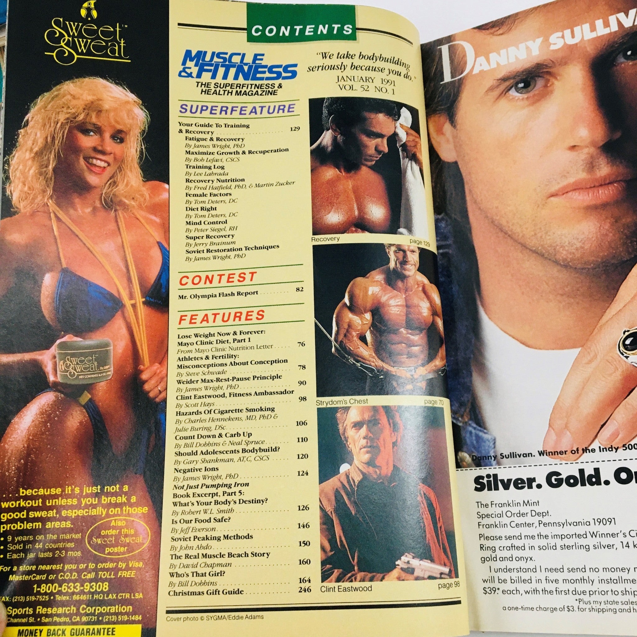 Inside page of Muscle & Fitness Magazine January 1991, showcasing the table of contents and a feature on Clint Eastwood's workout.