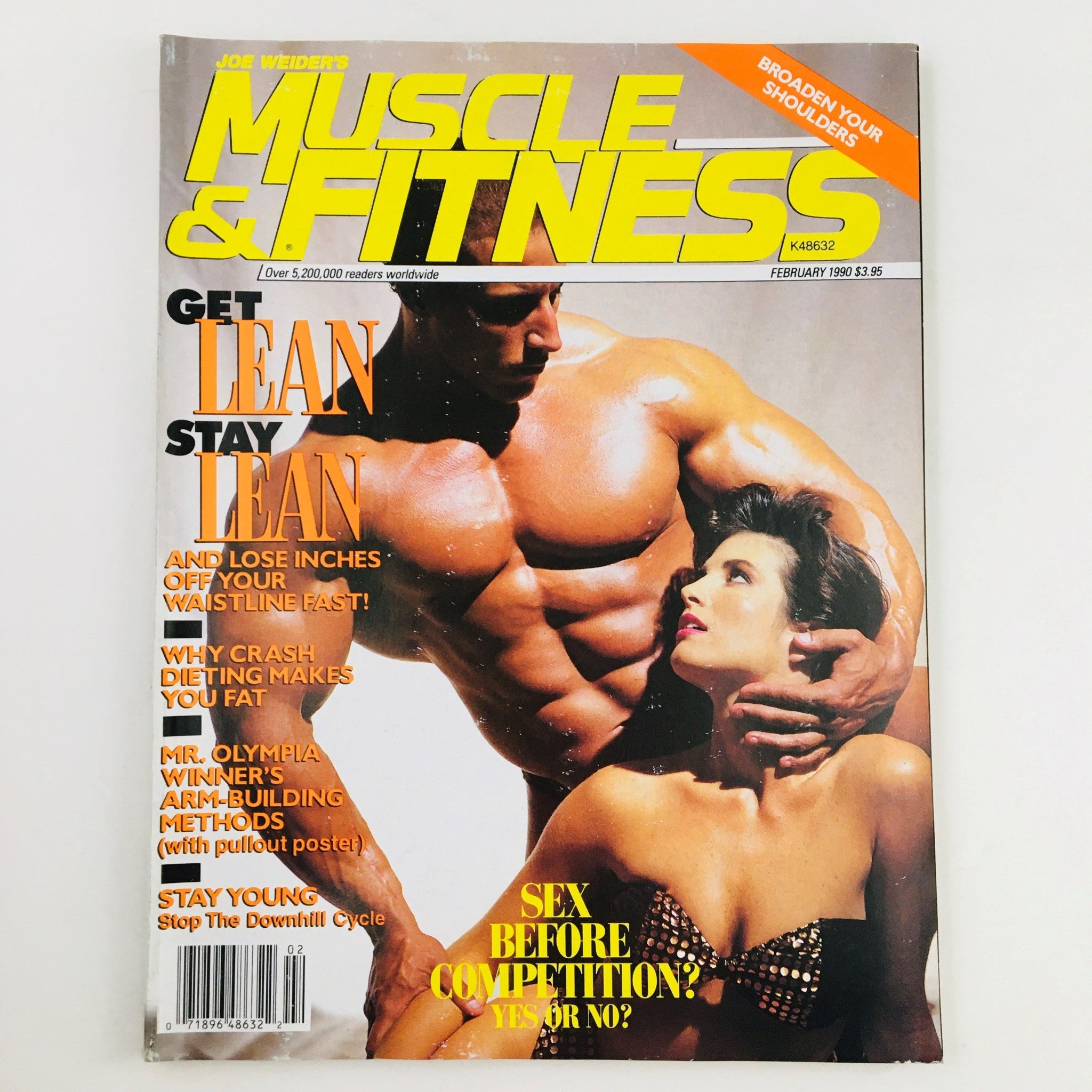 Cover of Muscle & Fitness Magazine February 1990 featuring Mike Quinn and Deborah Smith, showcasing vintage fitness culture with bold titles and vivid imagery.