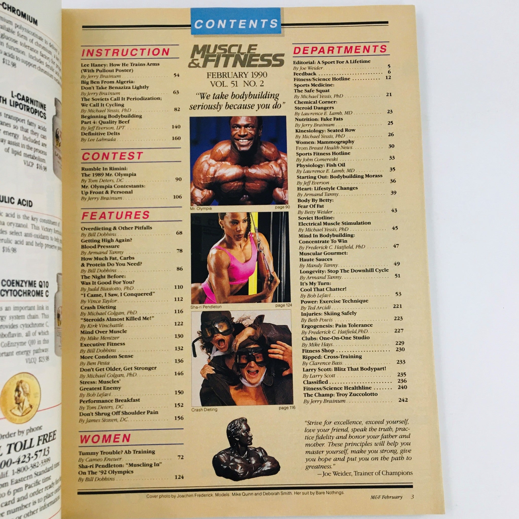 Contents page of Muscle & Fitness Magazine February 1990 outlining articles, features, and departments, highlighting notable athletes and fitness topics.