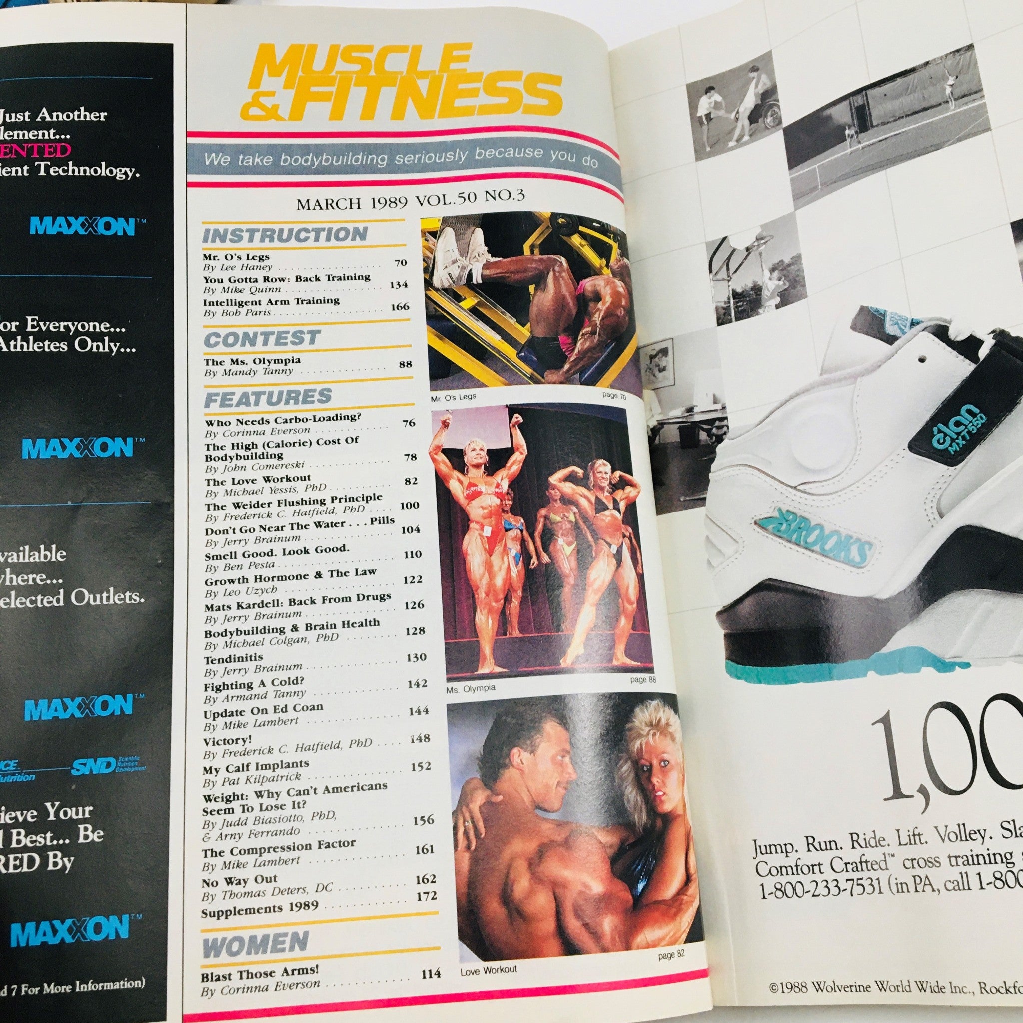Inside page of Muscle & Fitness Magazine, March 1989, displaying contents and feature articles, highlighting the theme of bodybuilding and fitness during that era.