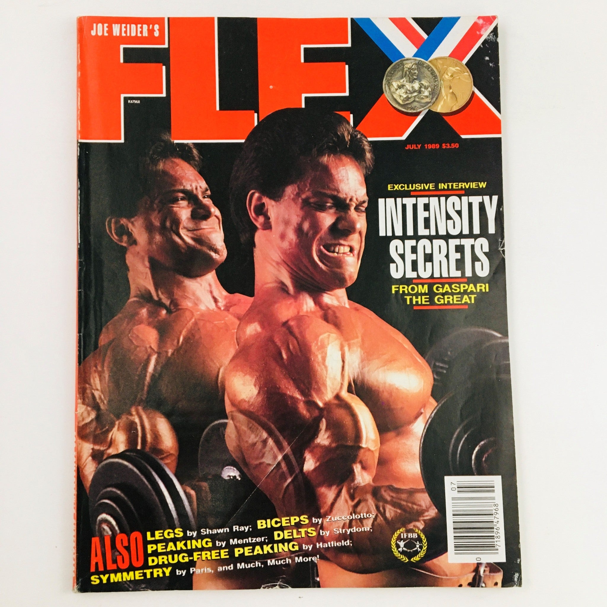 Cover of Joe Weider's Flex Magazine July 1989 featuring bodybuilder Rich Gaspari, highlighting intense bodybuilding themes and fitness culture from the 1980s.