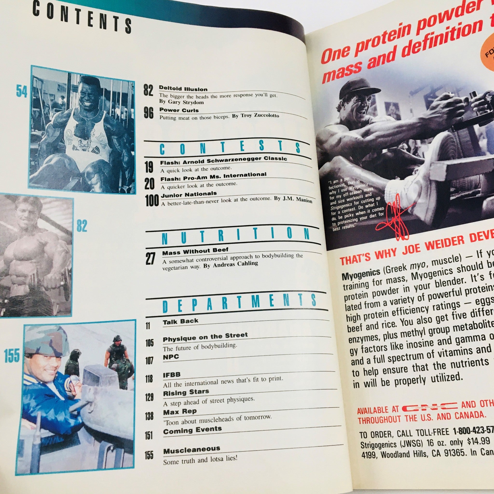 Contents page of Joe Weider's Flex Magazine July 1989, showcasing articles on bodybuilding, nutrition, and fitness contests, reflecting the magazine's legacy in the fitness community.