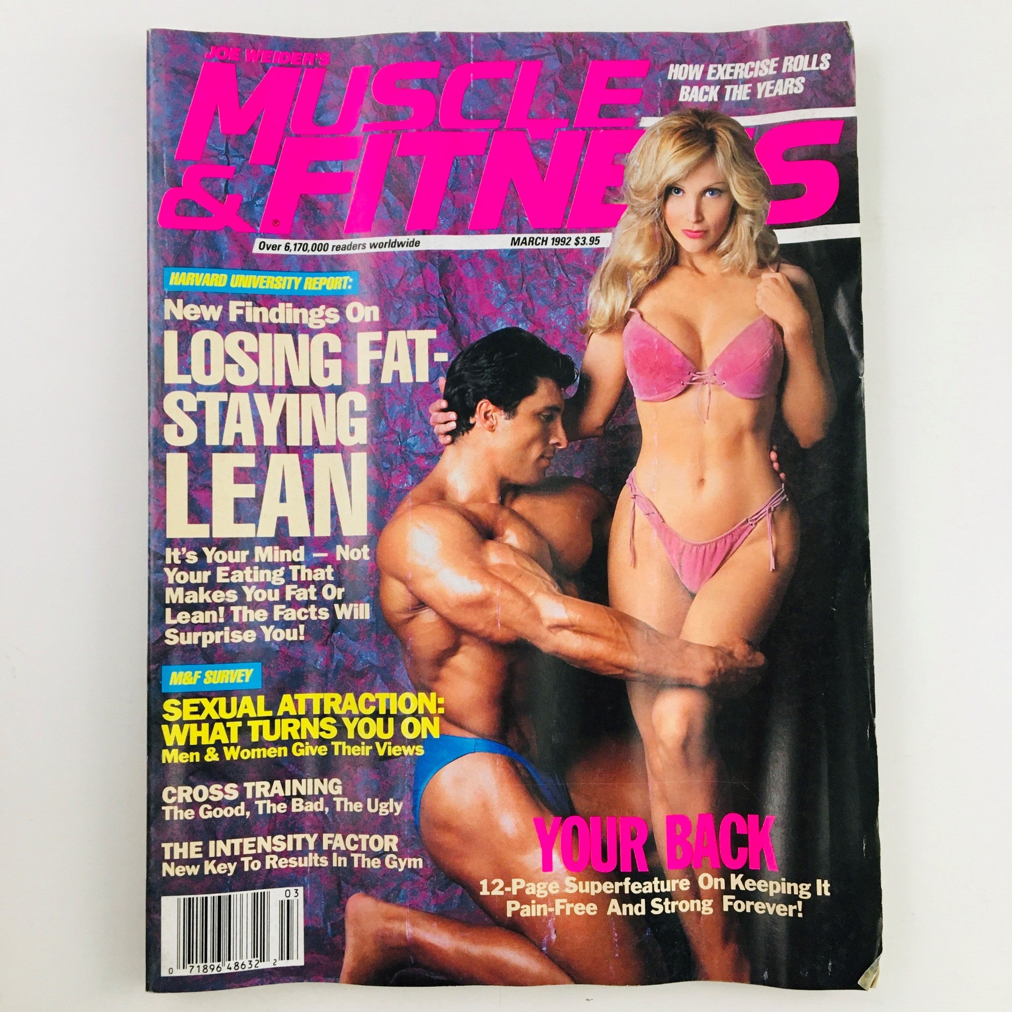 Cover of Muscle & Fitness Magazine March 1992 featuring Rich Gaspari and a model, highlighting fitness topics like losing fat and staying lean.