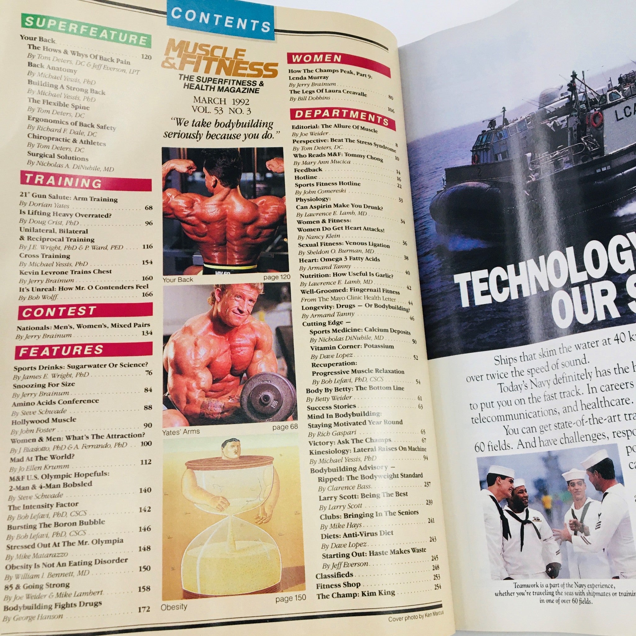 Contents page of Muscle & Fitness Magazine March 1992, listing articles on bodybuilding, health, and fitness topics featuring Rich Gaspari.