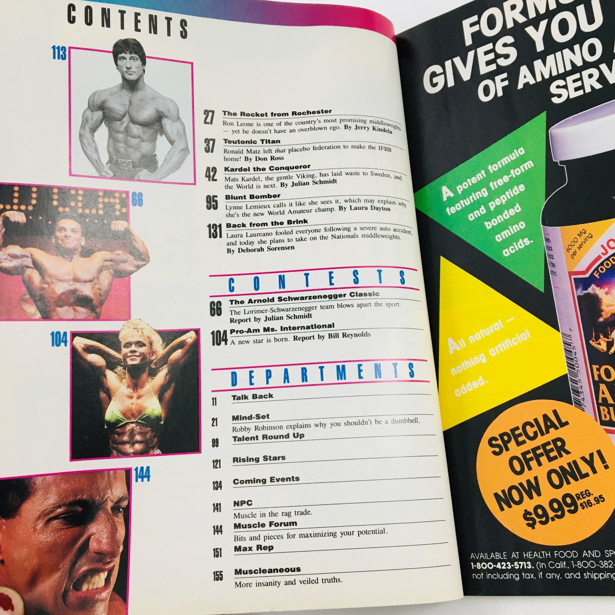 Interior page of Joe Weider's Flex Magazine August 1989 displaying the table of contents with articles on bodybuilding competitions and nutrition.