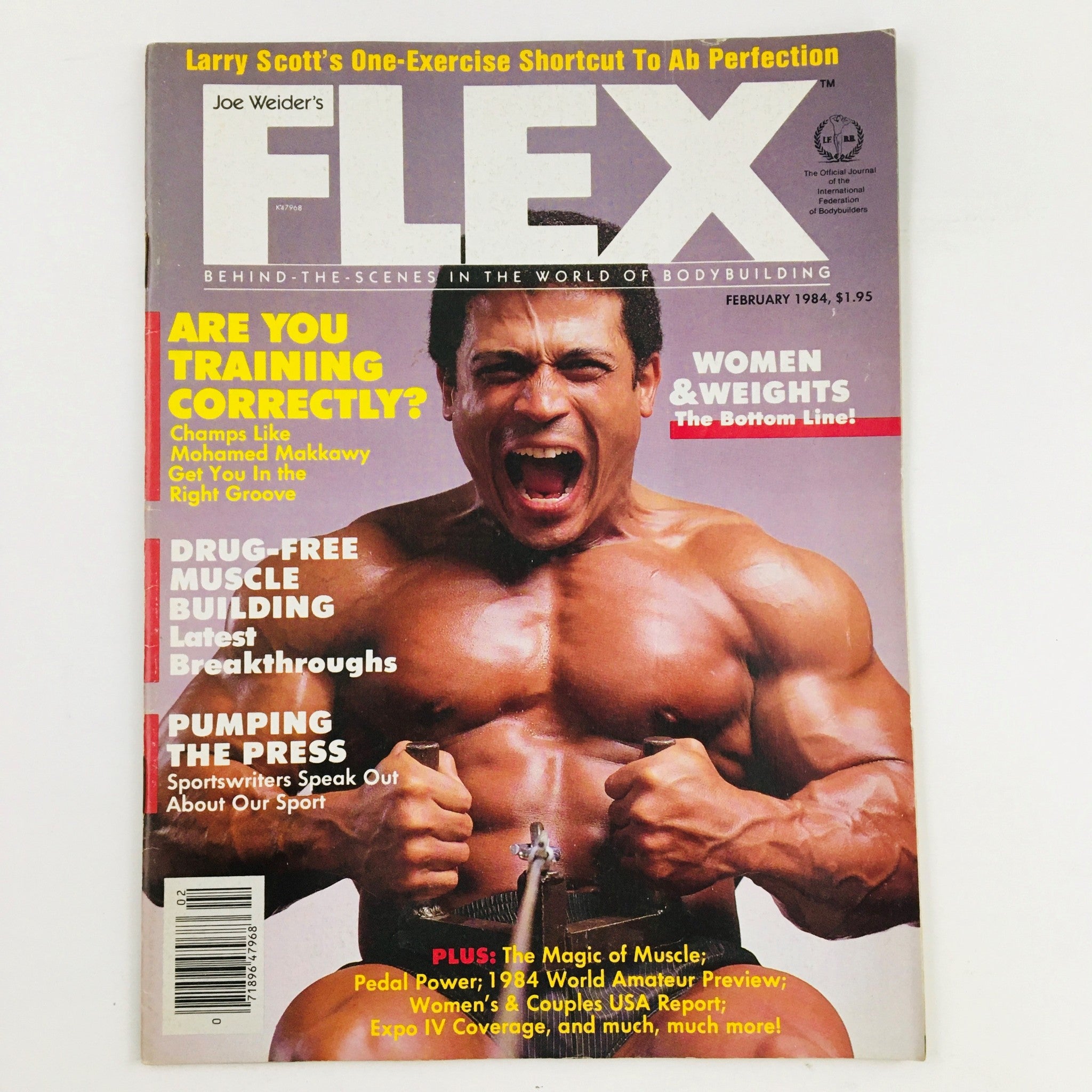 Cover of Joe Weider's Flex Magazine February 1984 featuring champion Mohamed Makkawy. The magazine discusses training tips and bodybuilding strategies, priced at $1.95.