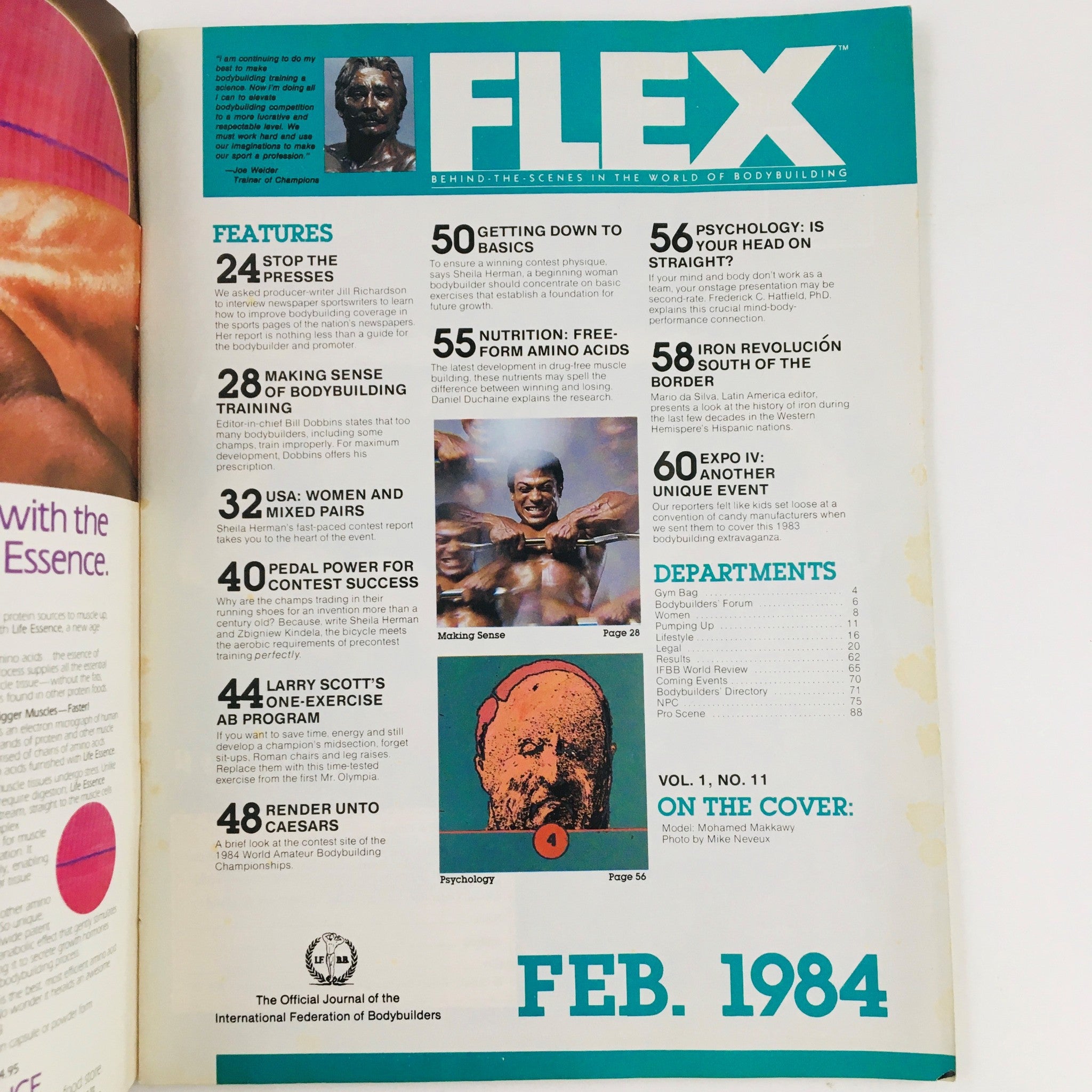 Inside page of Joe Weider's Flex Magazine February 1984 displaying the table of contents. Topics include bodybuilding training, nutrition, and features about women in bodybuilding.