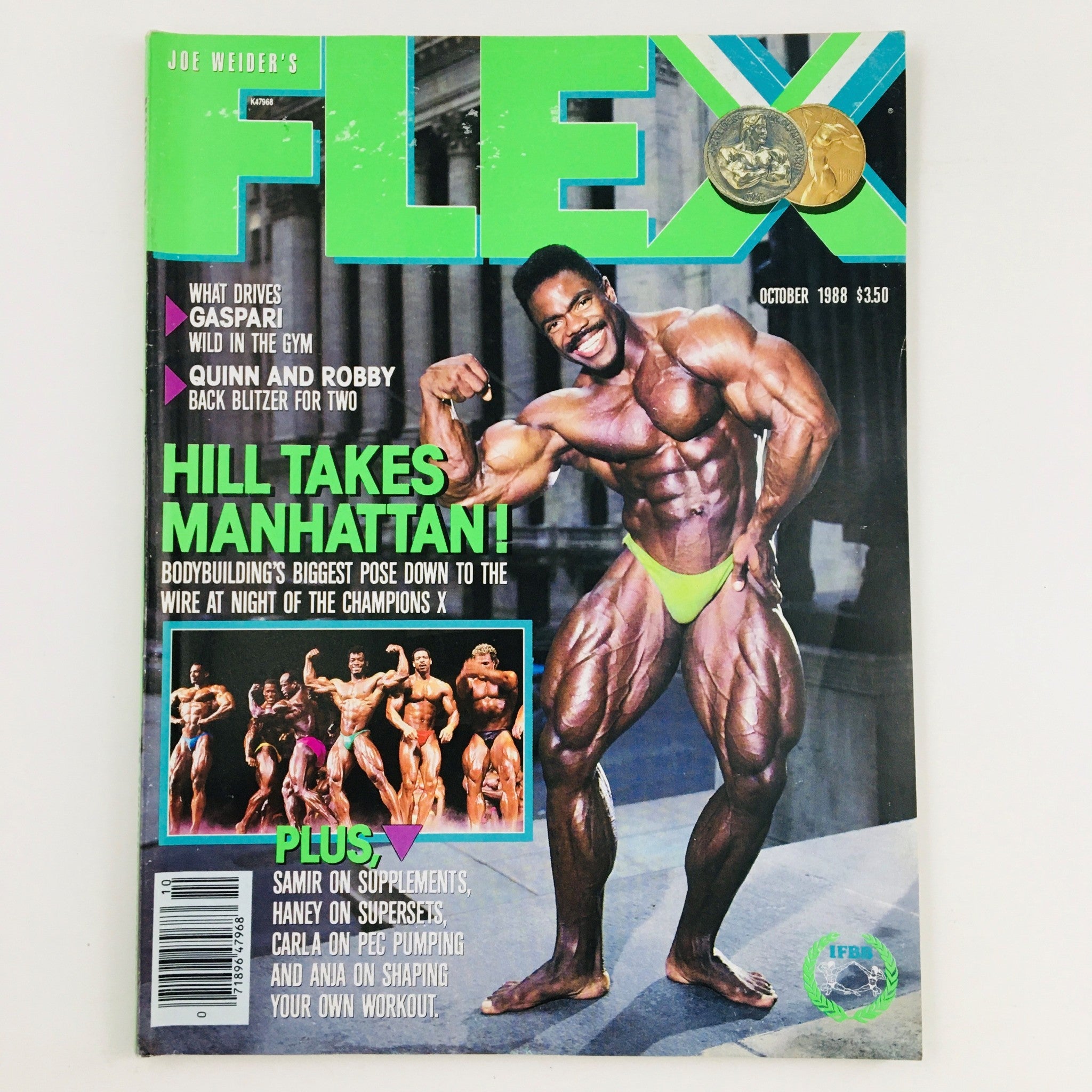 Cover of Joe Weider's Flex Magazine, October 1988, featuring bodybuilder Phil Hill with the headline 'HILL TAKES MANHATTAN!' showcasing vintage bodybuilding culture.