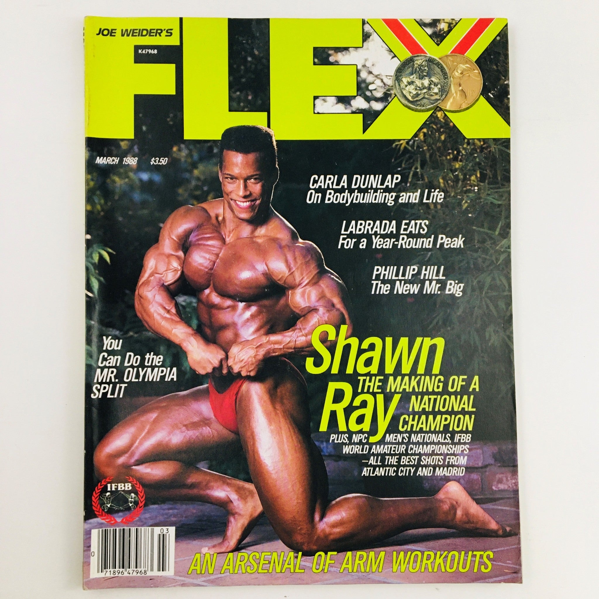 Cover of Joe Weider's Flex Magazine, March 1988 featuring bodybuilder Shawn Ray showcasing his muscular physique, along with articles on bodybuilding techniques and fitness tips.