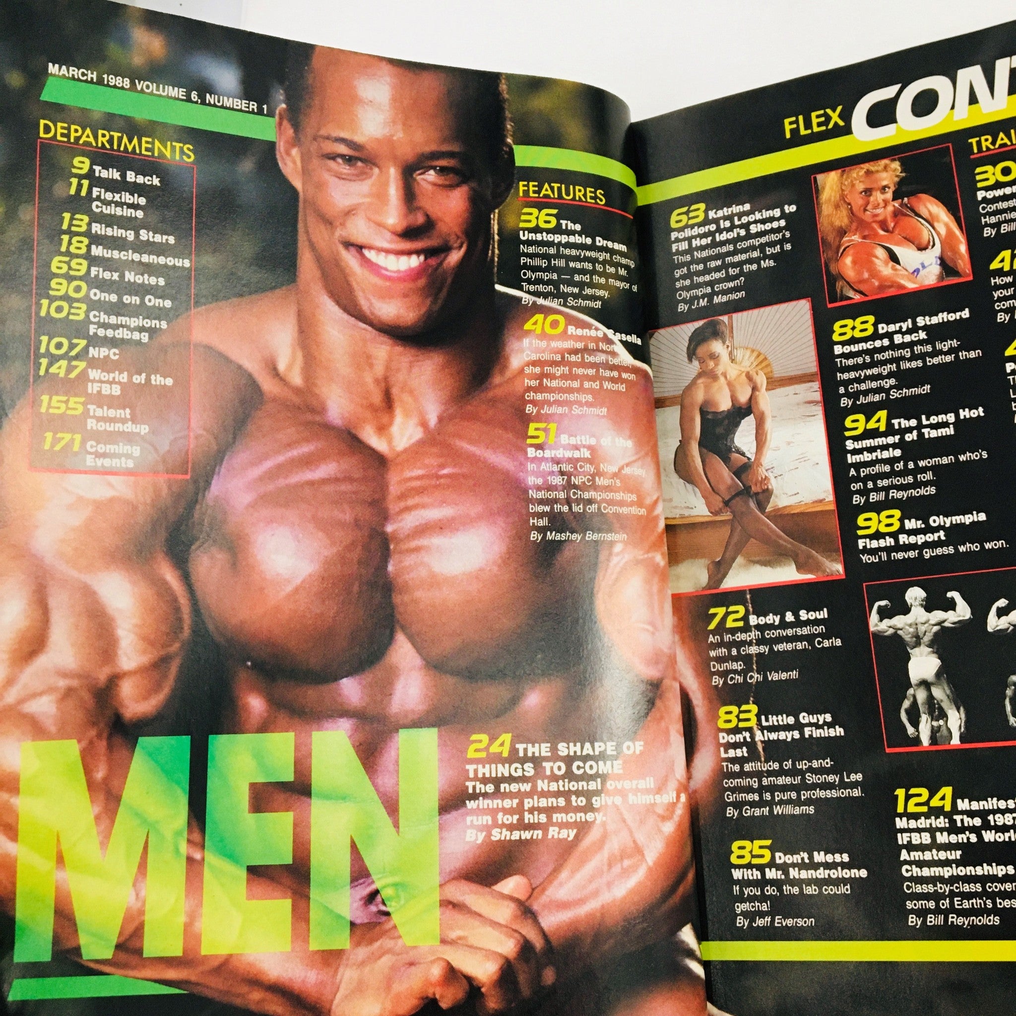 Interior page of Joe Weider's Flex Magazine, March 1988, highlighting Shawn Ray and featuring an index of articles related to bodybuilding and fitness.