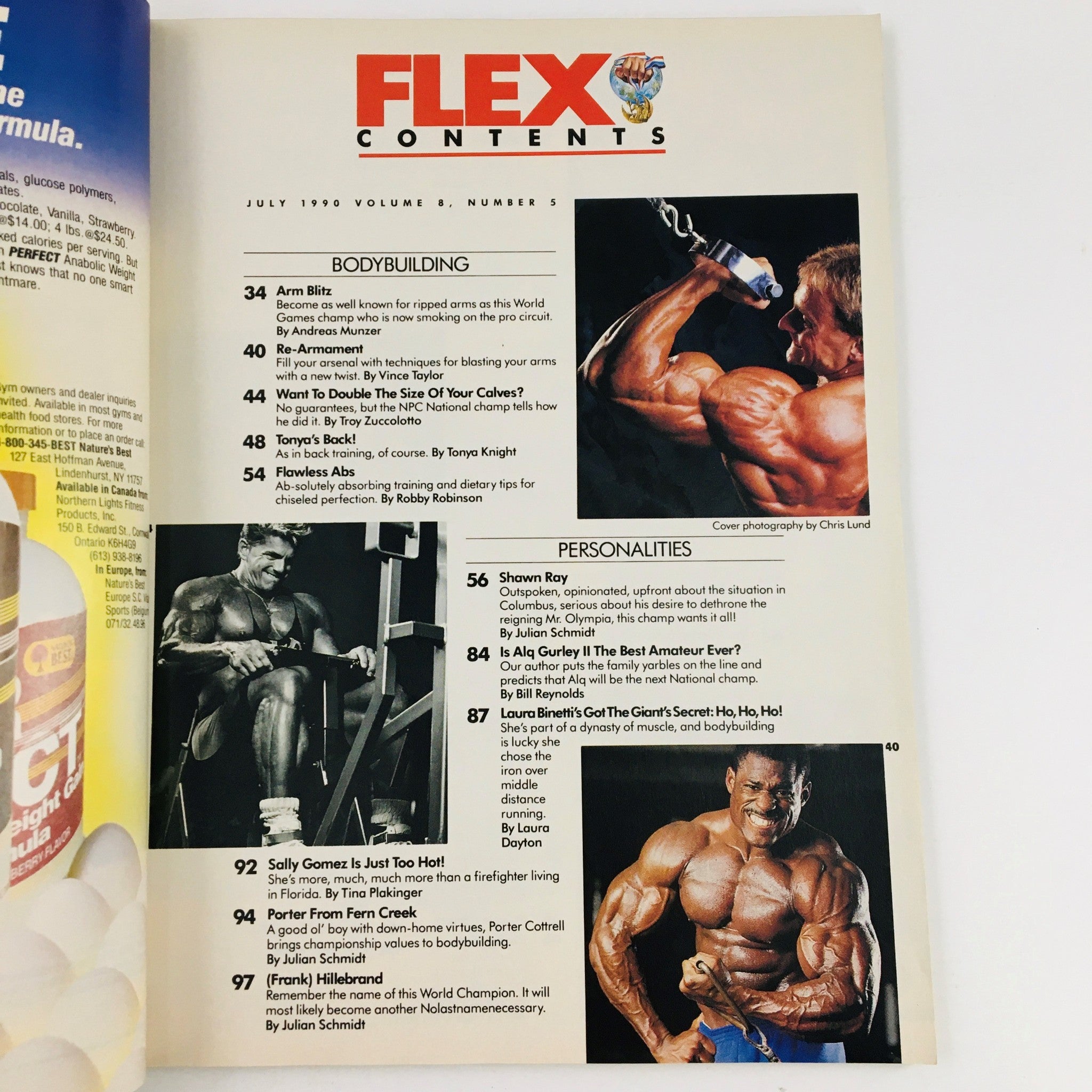 Contents page of Joe Weider's Flex Magazine, July 1990, listing articles on bodybuilding training and personalities, with a photograph of Andreas Munzer featured.