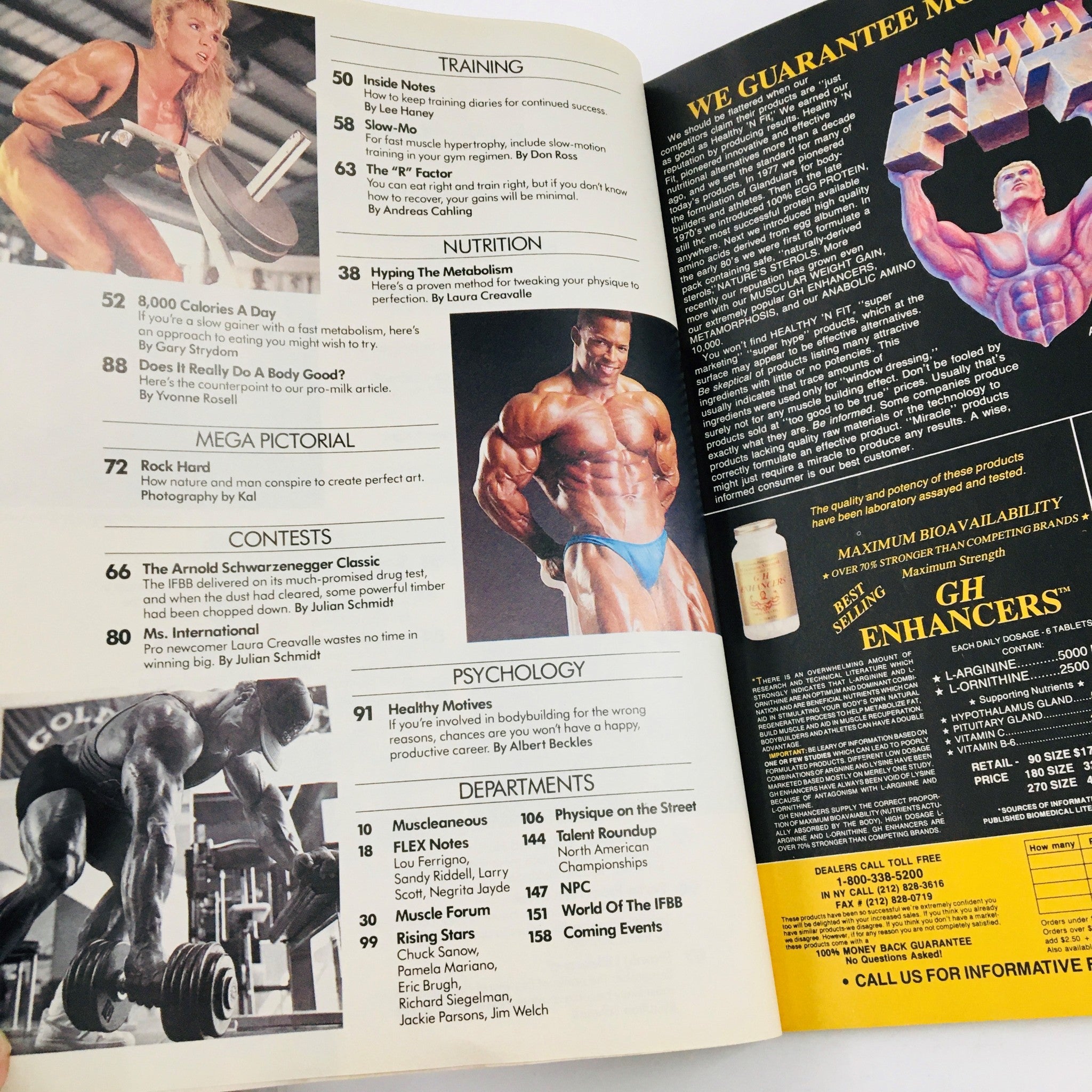 Inside page of Joe Weider's Flex Magazine, July 1990, displaying nutrition tips and training advice, along with images of bodybuilders, including references to peak physical performance.