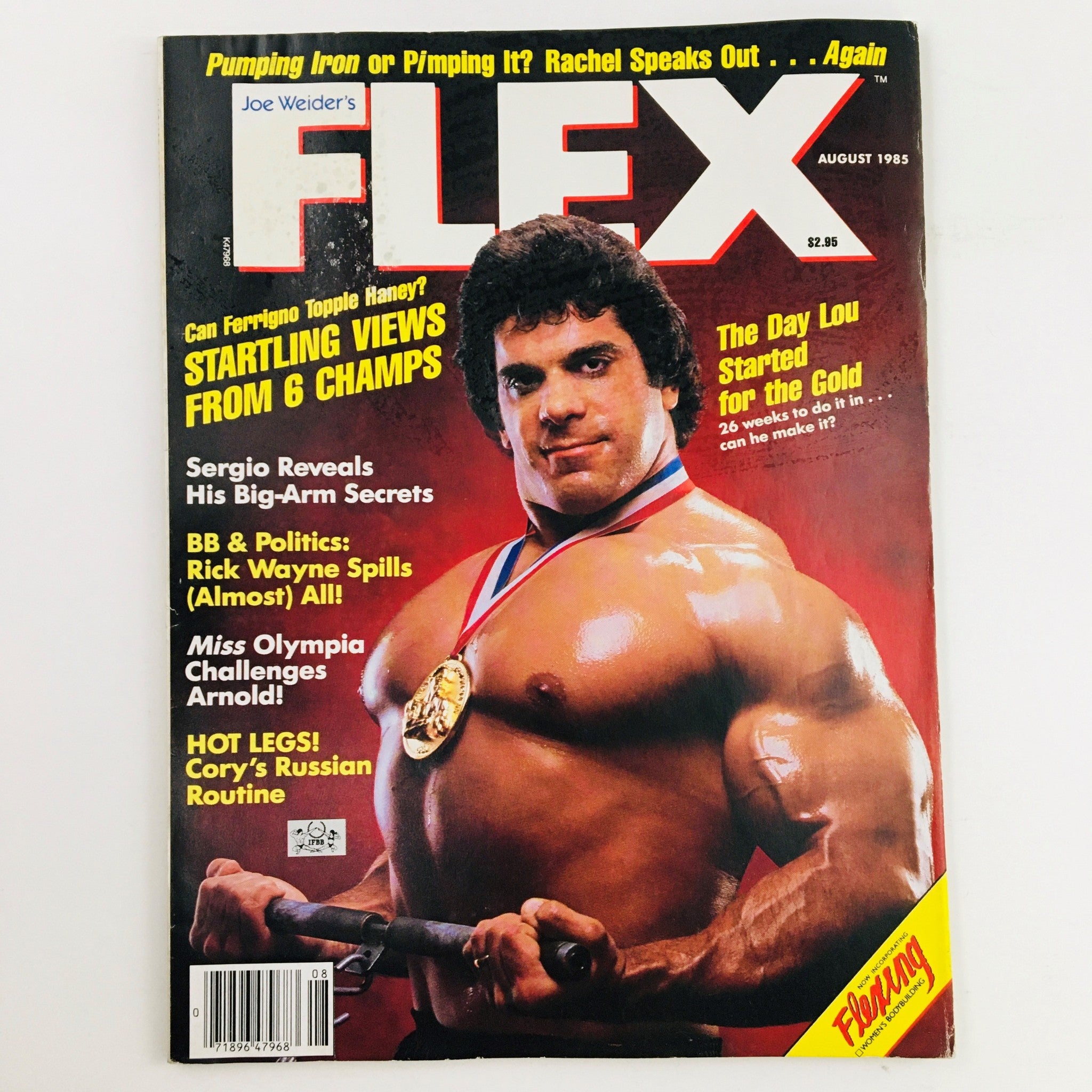 Cover of Joe Weider's Flex Magazine August 1985 featuring bodybuilder Lou Ferrigno, showcasing his impressive physique and medal, highlighting key articles about bodybuilding.