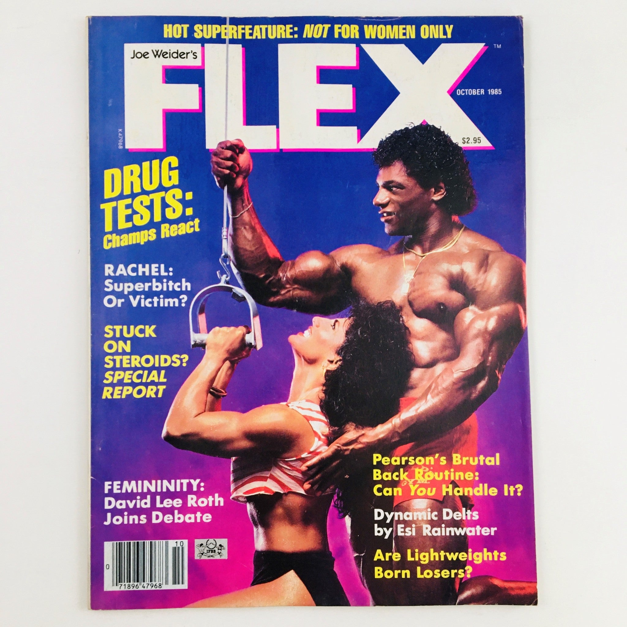 Joe Weider's Flex Magazine October 1985 cover featuring bodybuilders Tony Pearson and Mae Mollica, showcasing their impressive physiques and fitness culture of the 1980s.