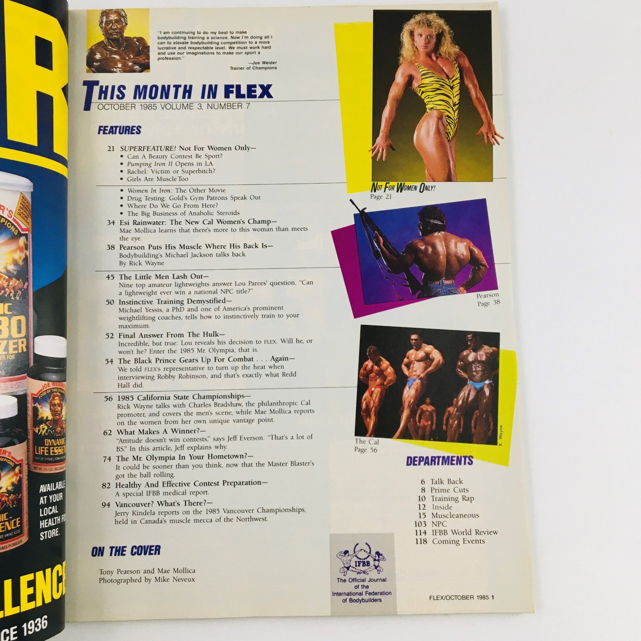 Inside page of Joe Weider's Flex Magazine October 1985, highlighting features and articles related to bodybuilding, including topics on competition and fitness insights.