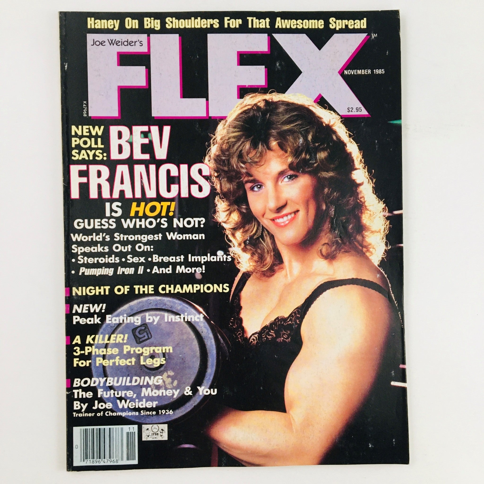 Cover of Joe Weider's Flex Magazine from November 1985 featuring bodybuilder Bev Francis, showcasing articles on bodybuilding, fitness tips, and stunning photography, capturing the essence of 1980s fitness culture.