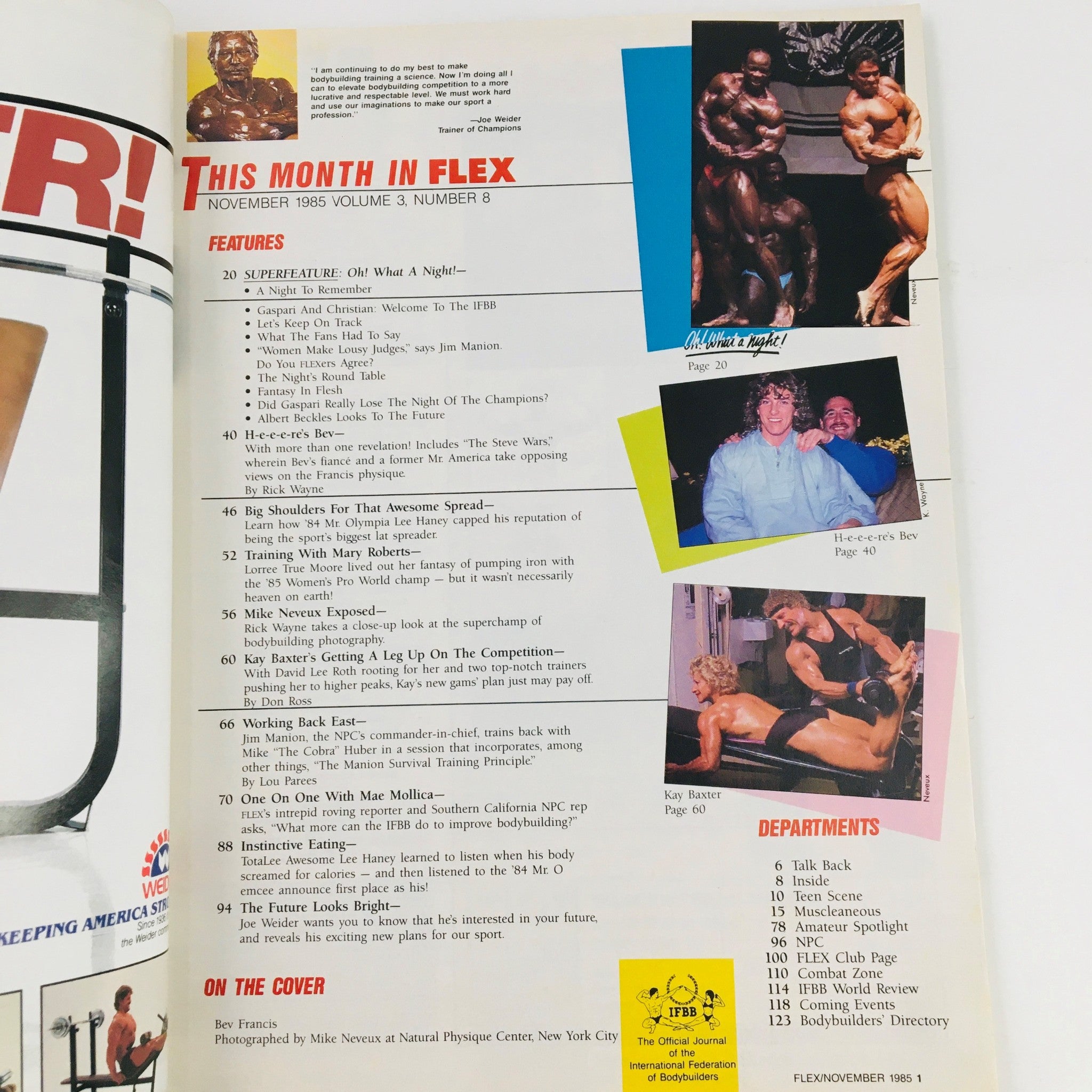 Joe Weider's Flex Magazine November 1985 featuring a contents page highlighting key articles and images of bodybuilders including Bev Francis, showcasing the rich bodybuilding culture and content of the issue.