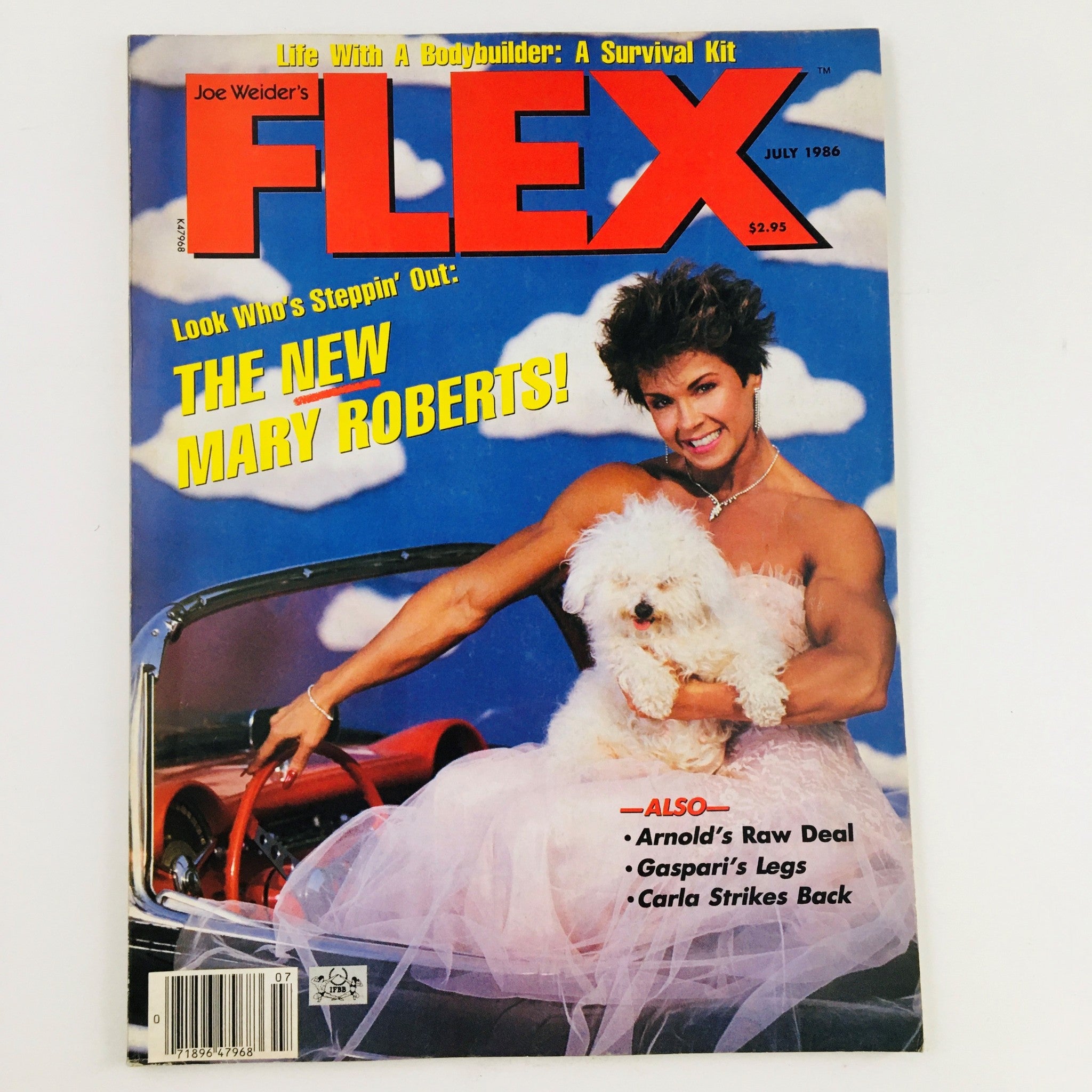 Cover of Joe Weider's Flex Magazine July 1986 featuring bodybuilder Mary Roberts, showcasing her with a small dog, reflecting 1980s fitness culture.