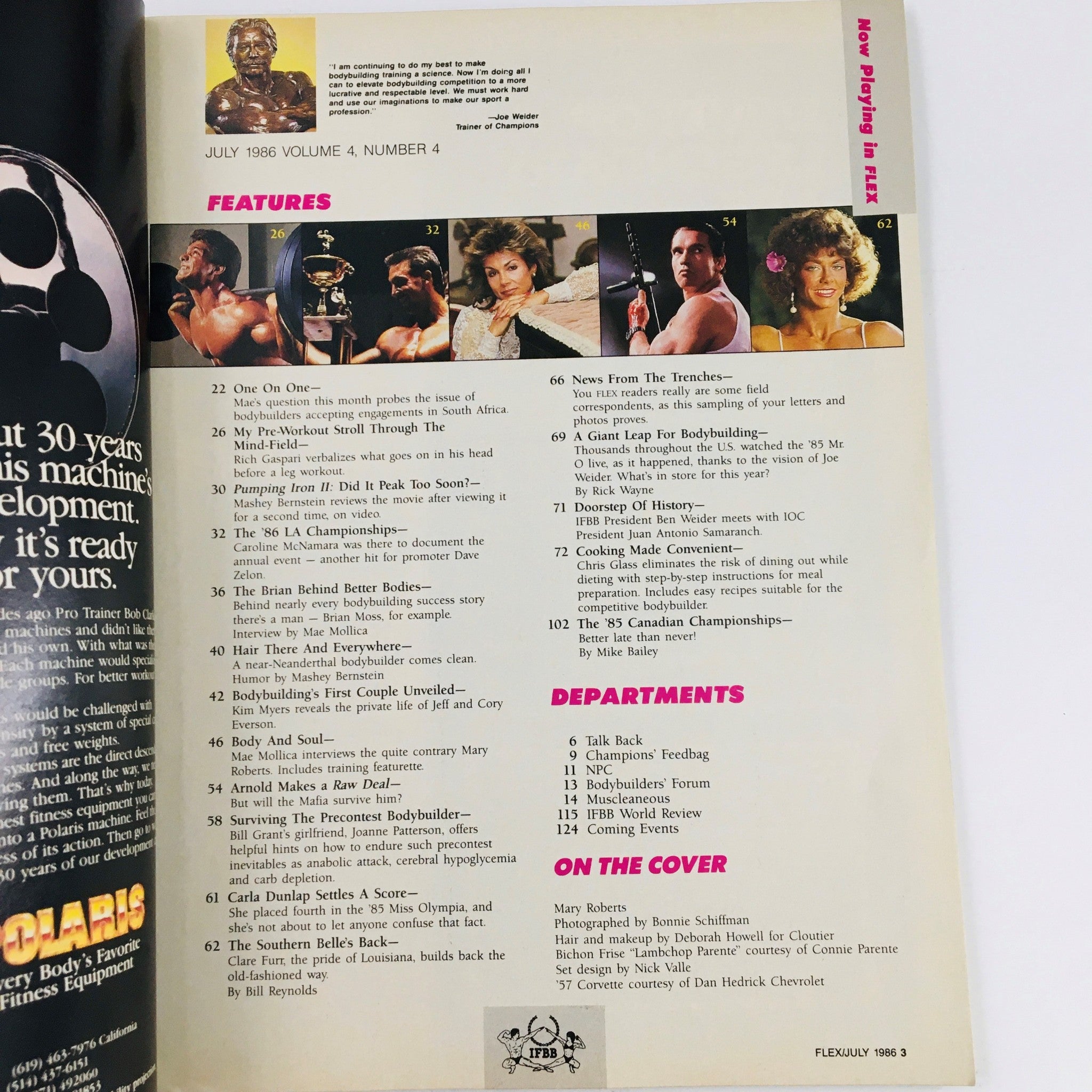 Interior of Joe Weider's Flex Magazine July 1986 showcasing features, articles, and bodybuilders including Mary Roberts. Highlights include bodybuilding success stories and training tips from the 1980s fitness culture.