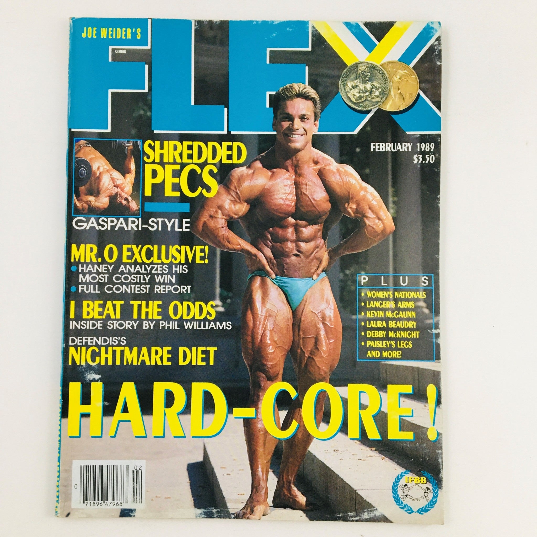 Joe Weider's Flex Magazine February 1989 featuring bodybuilder Rich Gaspari on the cover, showcasing his impressive physique with highlights on bodybuilding techniques and nutrition.