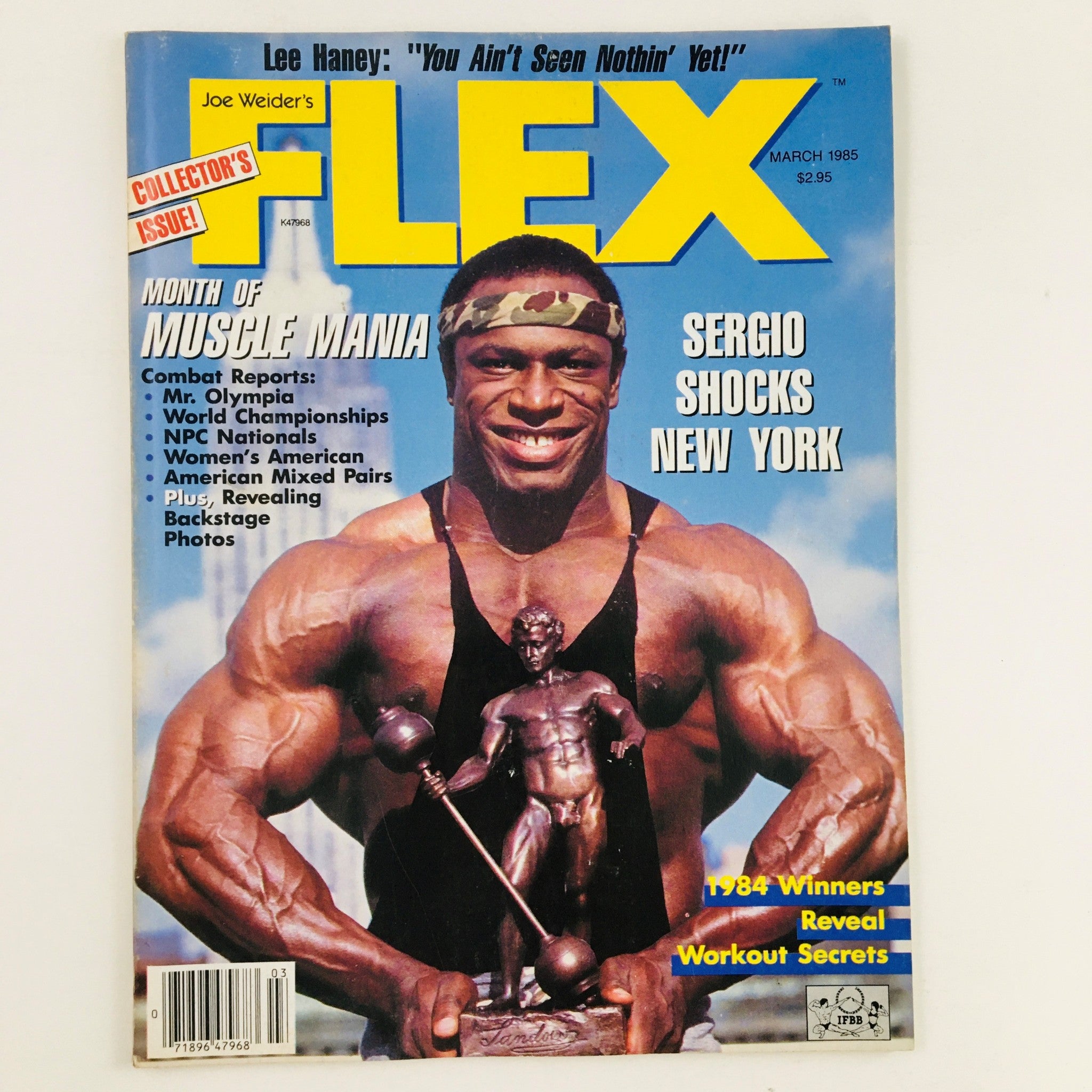 Joe Weider's Flex Magazine March 1985 cover featuring Mr. Olympia Lee Haney. The cover showcases Haney's impressive physique with articles on bodybuilding competitions, including a feature on Sergio's performances in New York.