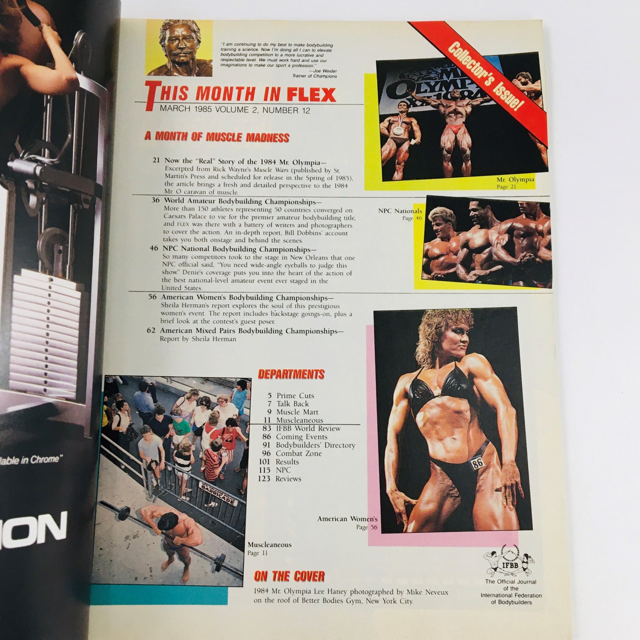 Inside page of Joe Weider's Flex Magazine March 1985 displaying the table of contents. This page highlights various upcoming events and features in bodybuilding, including information on Mr. Olympia and NPC National Bodybuilding Championships.