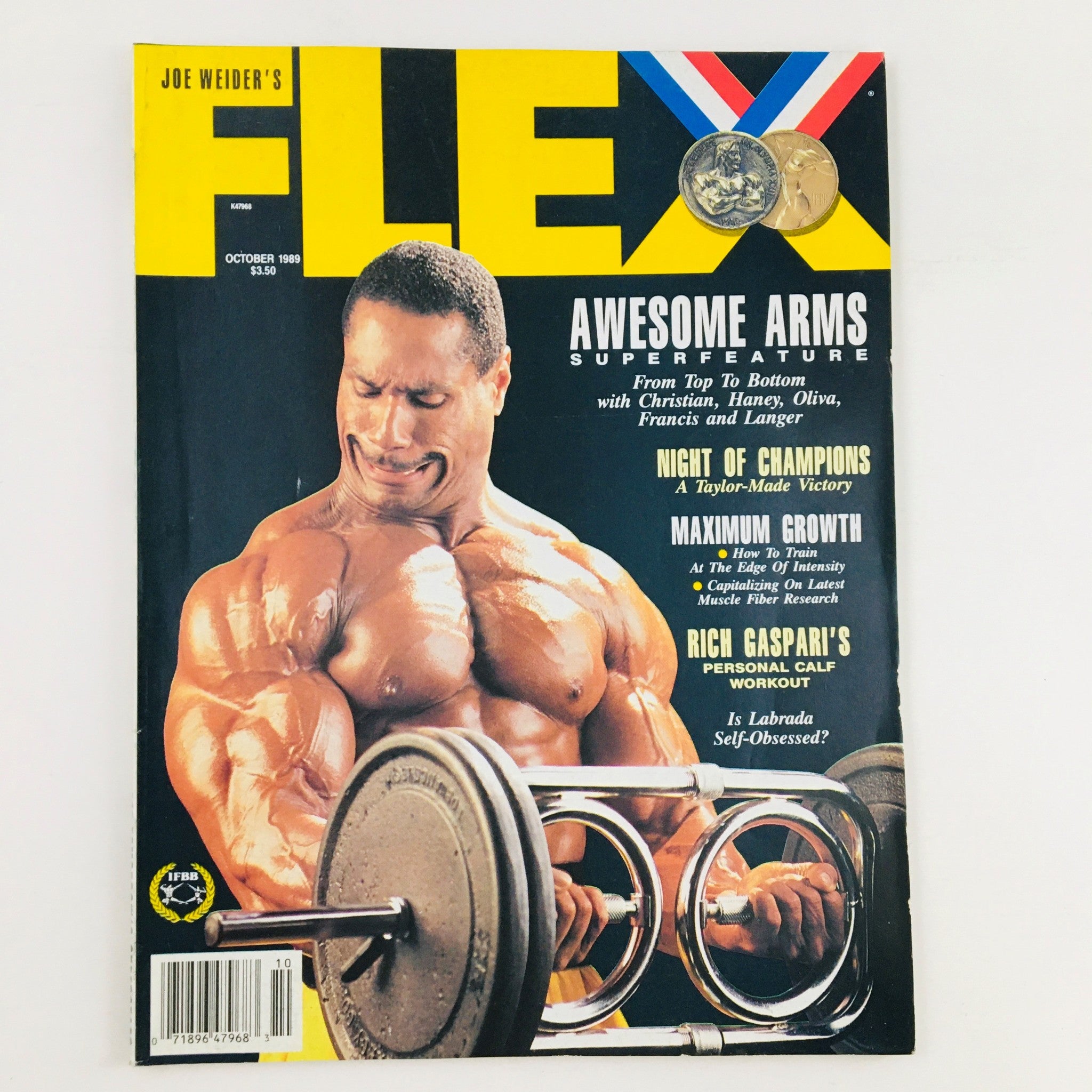 Cover of Joe Weider's Flex Magazine, October 1989, featuring bodybuilder Rich Caspari showcasing impressive arms and posing with weights, representing vintage bodybuilding culture.