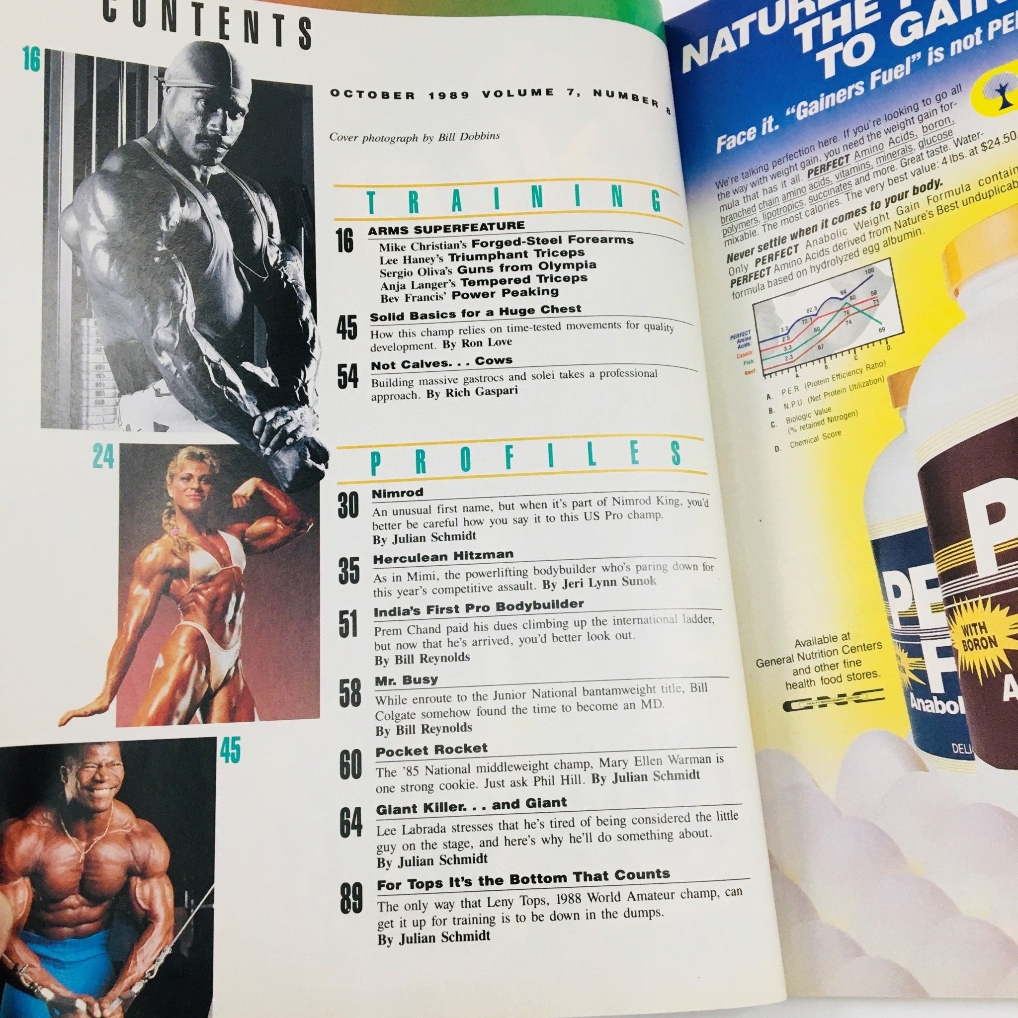 Contents page of Joe Weider's Flex Magazine, October 1989, listing articles and features including training tips and profiles of prominent bodybuilders, preserving the essence of late 1980s fitness.