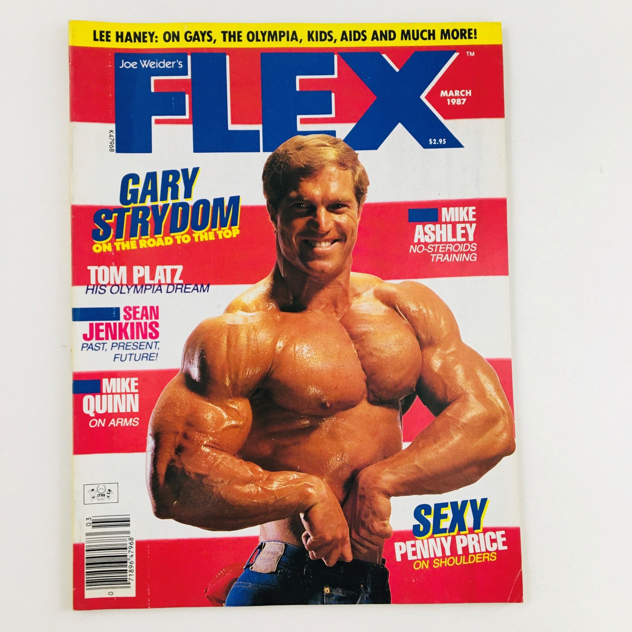 Joe Weider's Flex Magazine March 1987 featuring bodybuilder Gary Strydom on the cover. The magazine includes highlights on various bodybuilders and fitness training.
