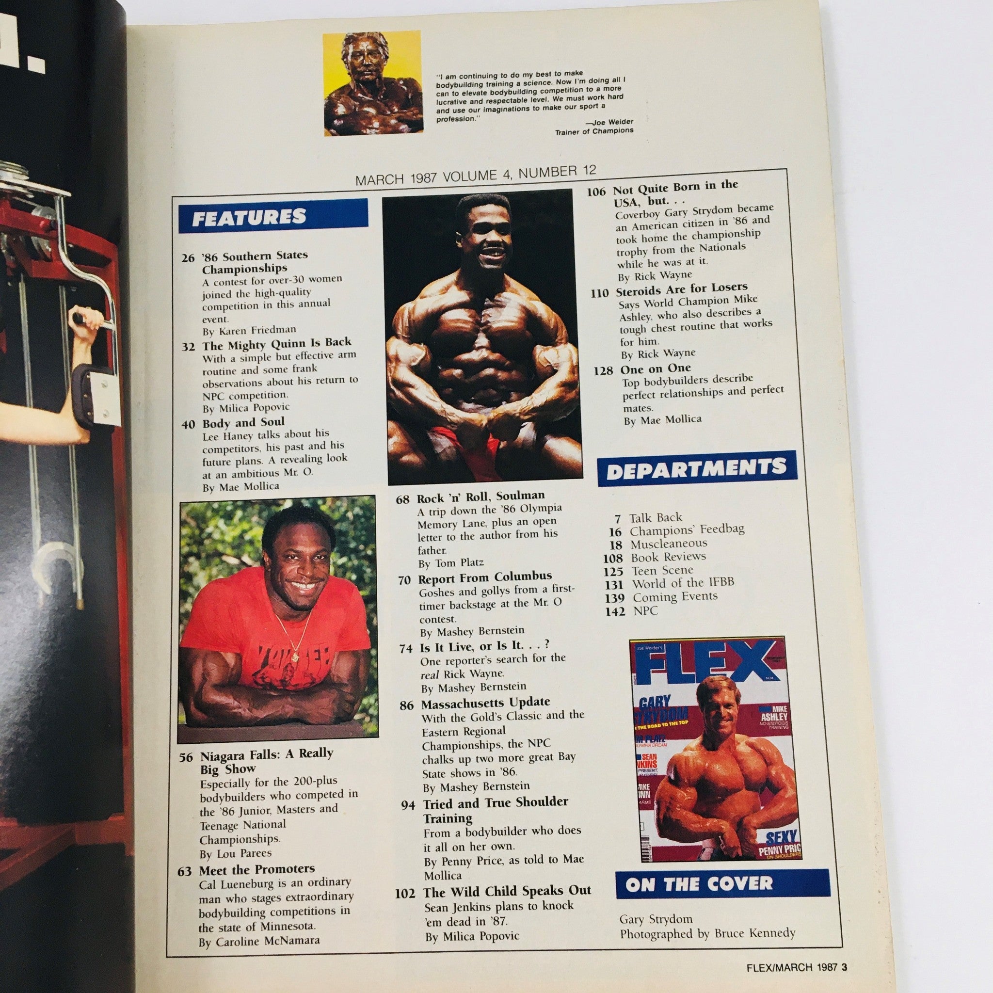 Interior page of Joe Weider's Flex Magazine March 1987 showcasing articles and features, including a profile of Gary Strydom and insights into bodybuilding.