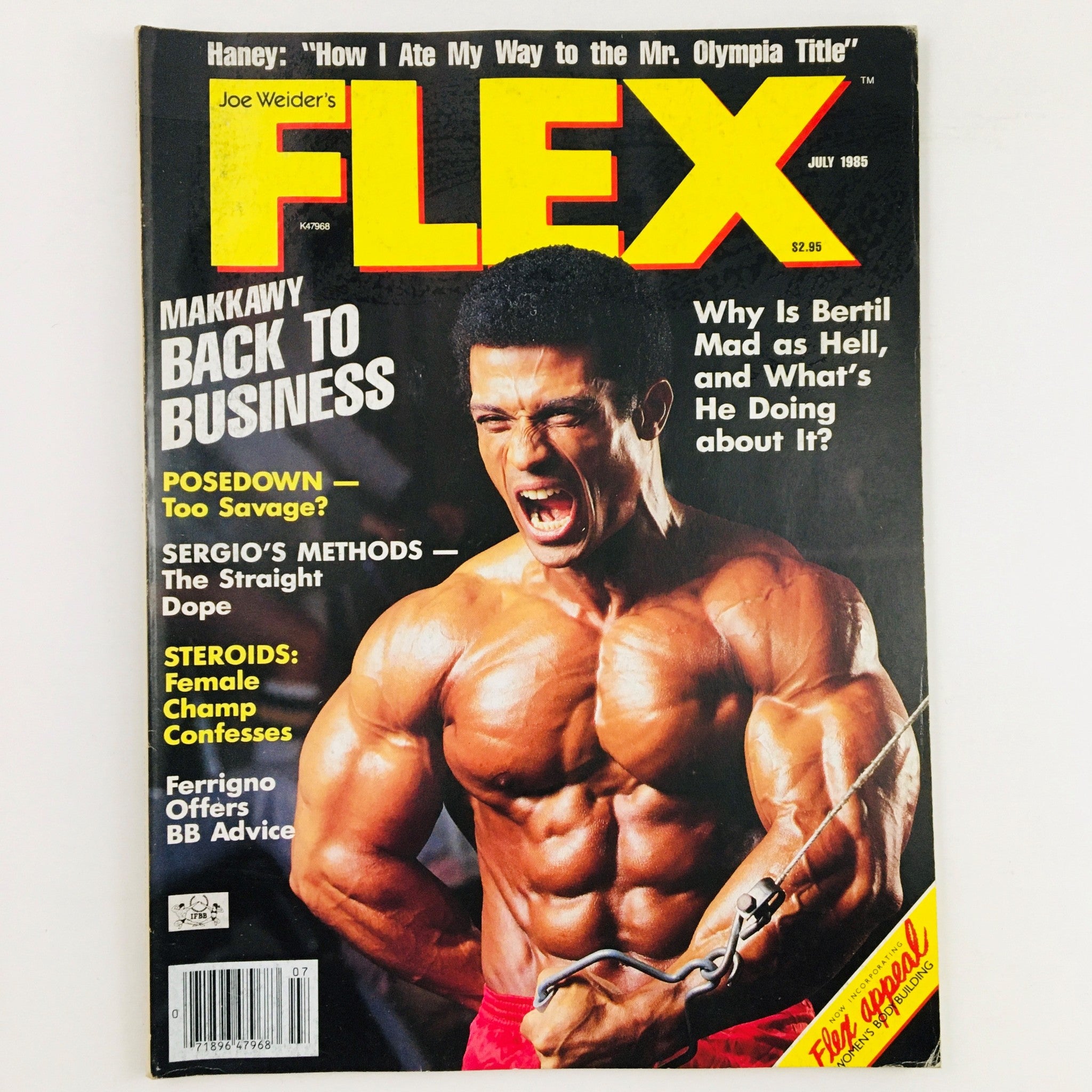 Cover of Joe Weider's Flex Magazine July 1985 featuring bodybuilder Mohamed Makkawy in an intense pose, showcasing his muscular physique, with bold titles discussing bodybuilding topics.
