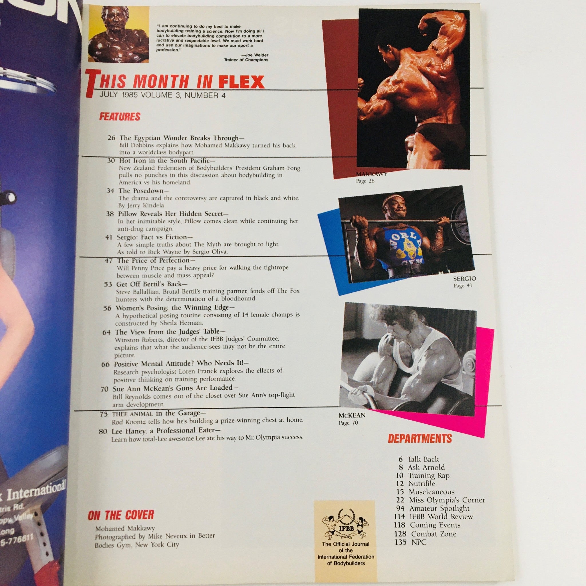 Inside page of Joe Weider's Flex Magazine July 1985 listing features including an article on Mohamed Makkawy, with information about bodybuilding topics and prominent athletes of the month.
