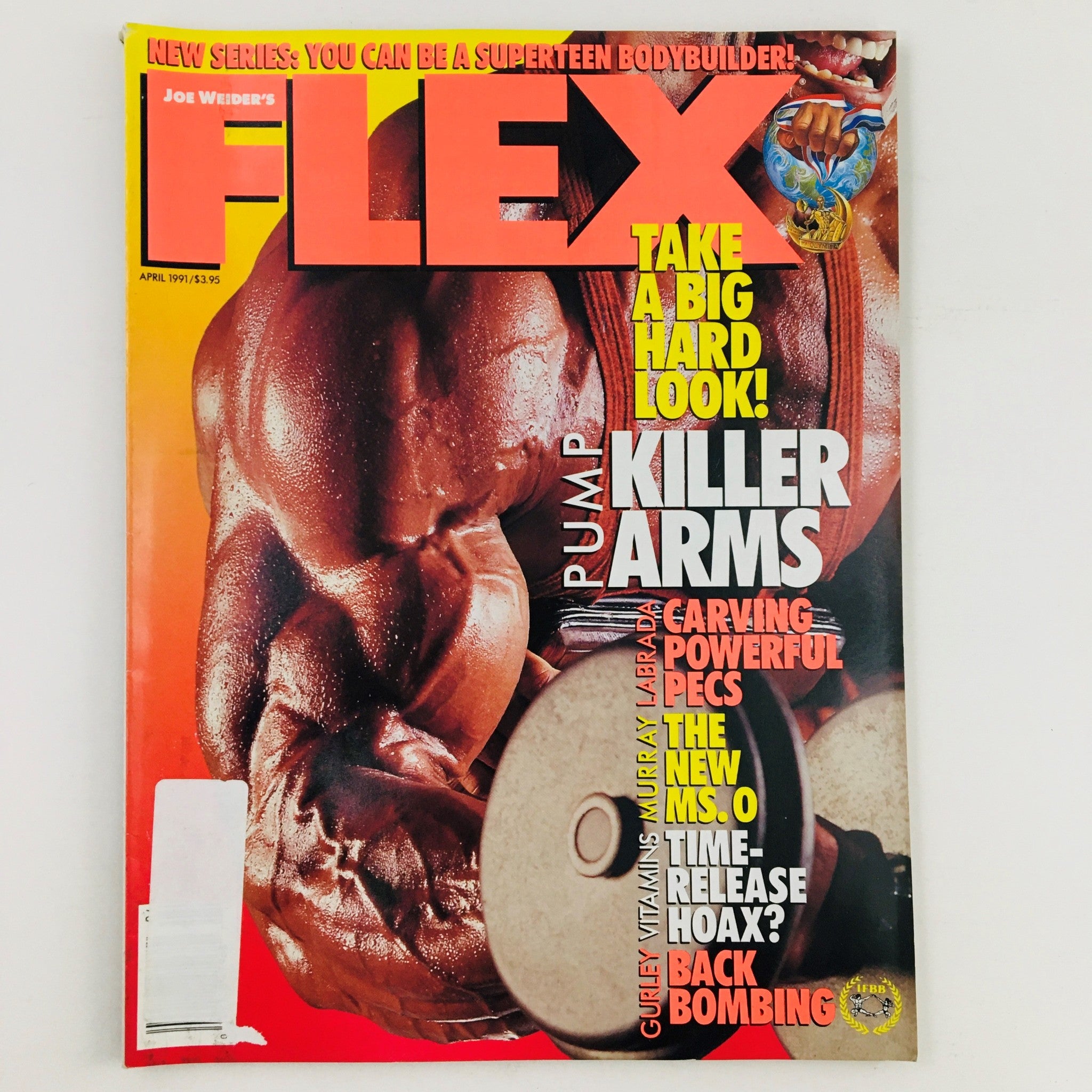 Cover of Joe Weider's Flex Magazine, April 1991, featuring Ms. Olympia Lenda Murray, showcasing bodybuilding culture with bold graphics and headlines.