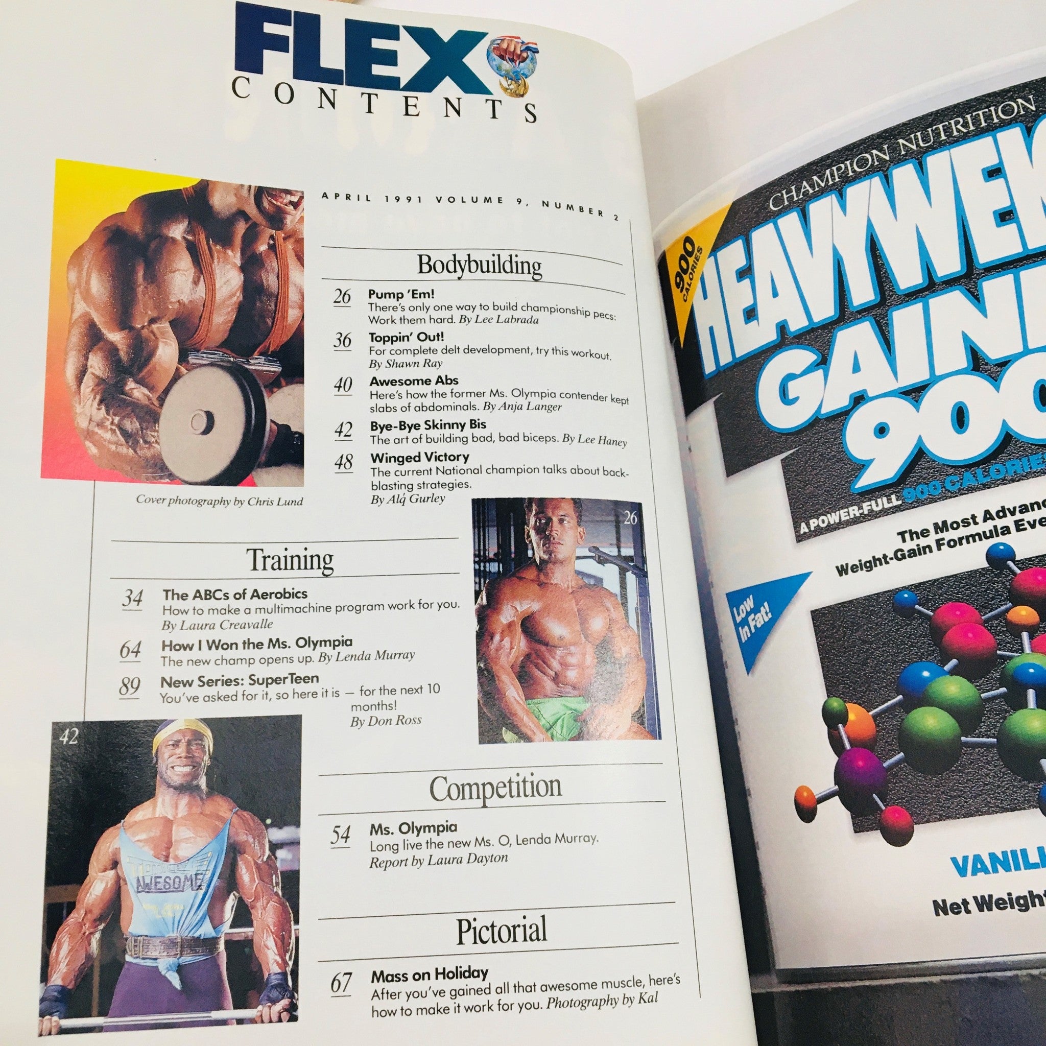Inside contents page of Joe Weider's Flex Magazine, April 1991, detailing articles on bodybuilding, including a feature on Ms. Olympia Lenda Murray.