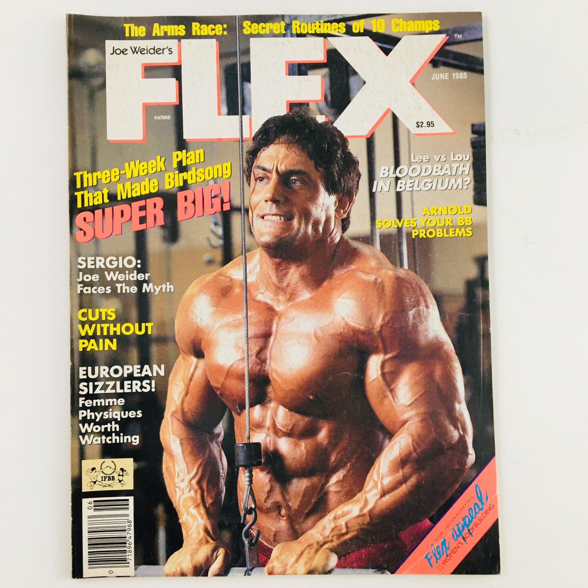 Joe Weider's Flex Magazine June 1985 featuring Mr. America Bob Birdsong on the cover, showcasing his muscular physique and a headline about a three-week plan that made him super big.