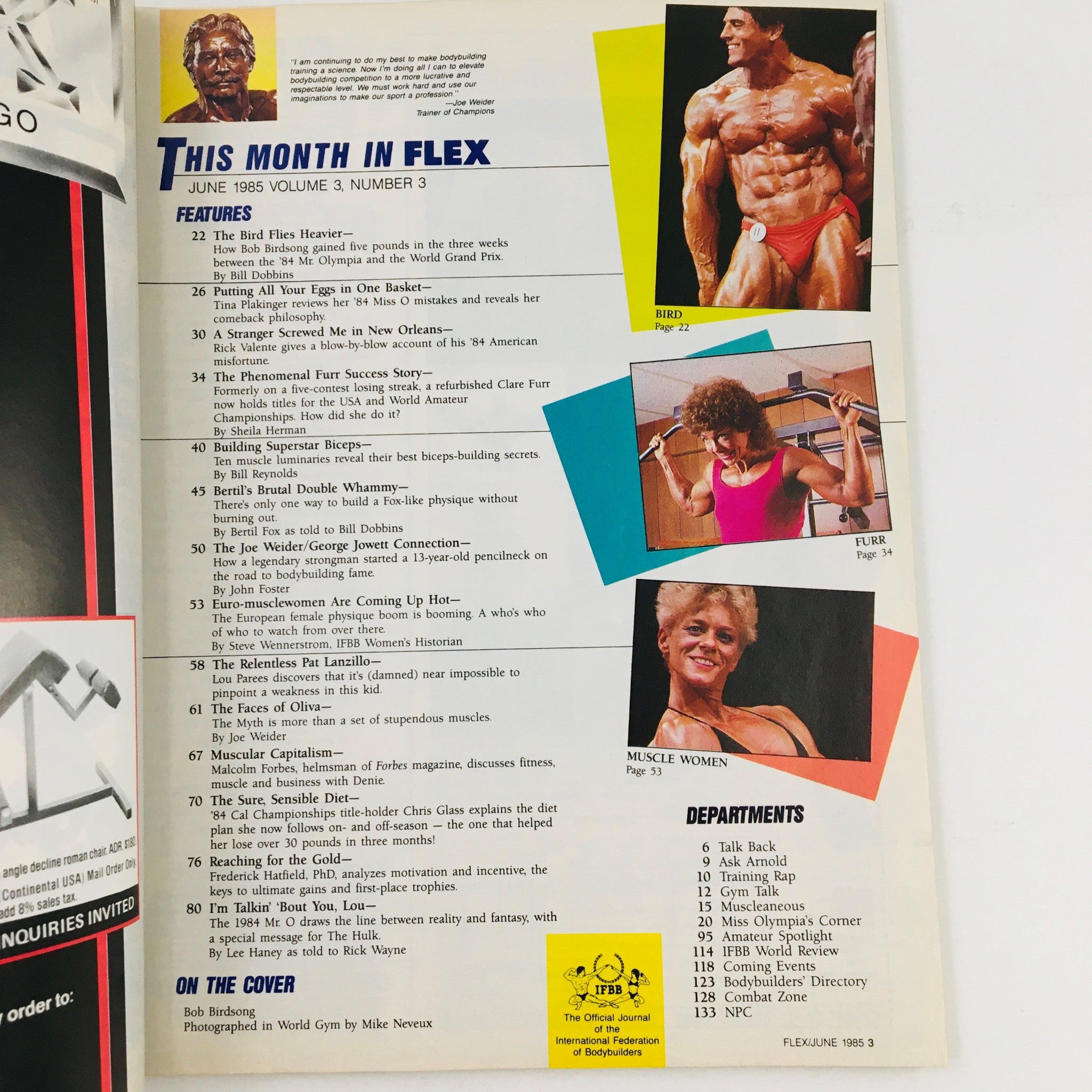 Interior page of Joe Weider's Flex Magazine June 1985, highlighting features and articles, including a section on Bob Birdsong and bodybuilding insights.