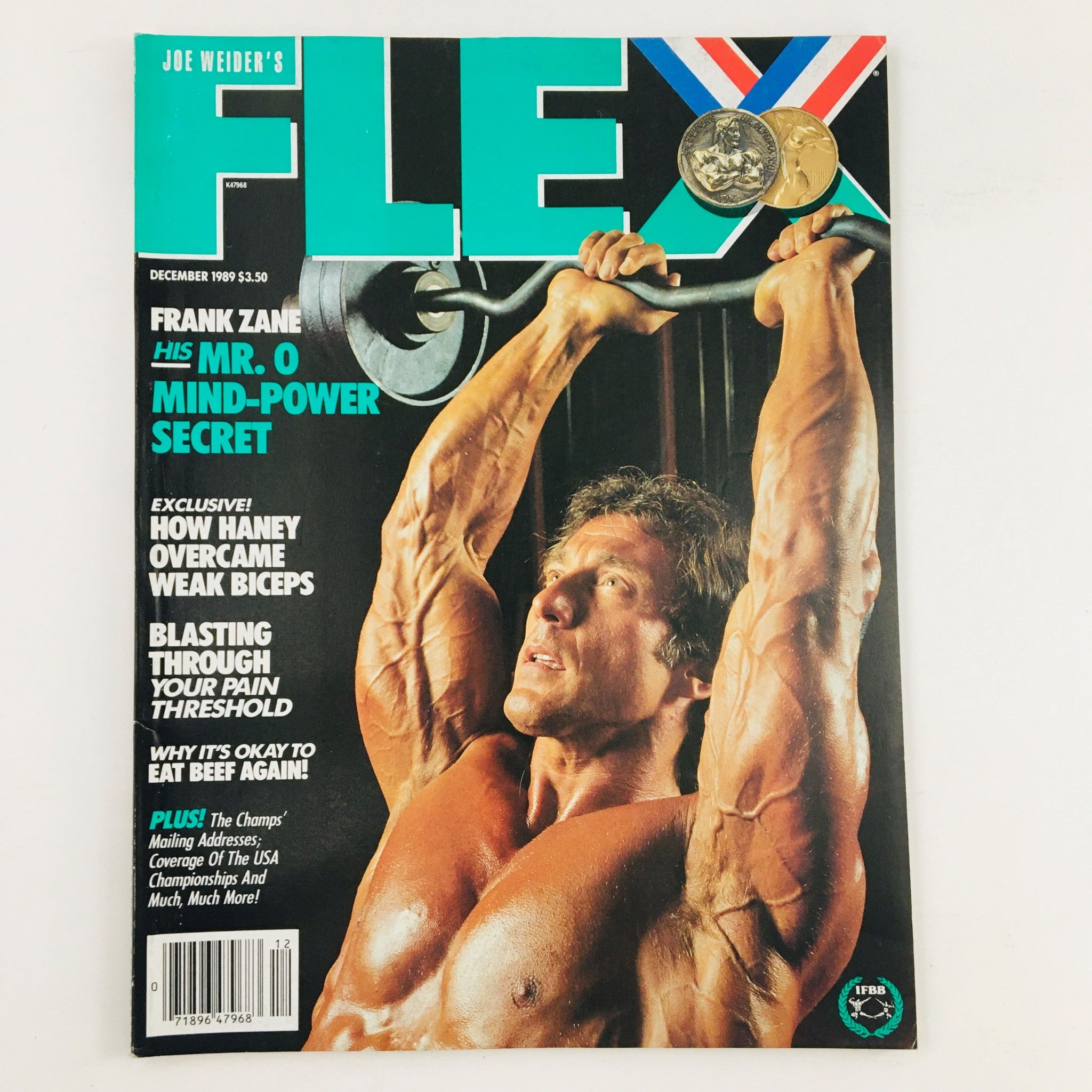 Cover of Joe Weider's Flex Magazine December 1989 featuring Frank Zane with the title highlighting his Mr. O mind-power secret, showcasing vintage bodybuilding culture.