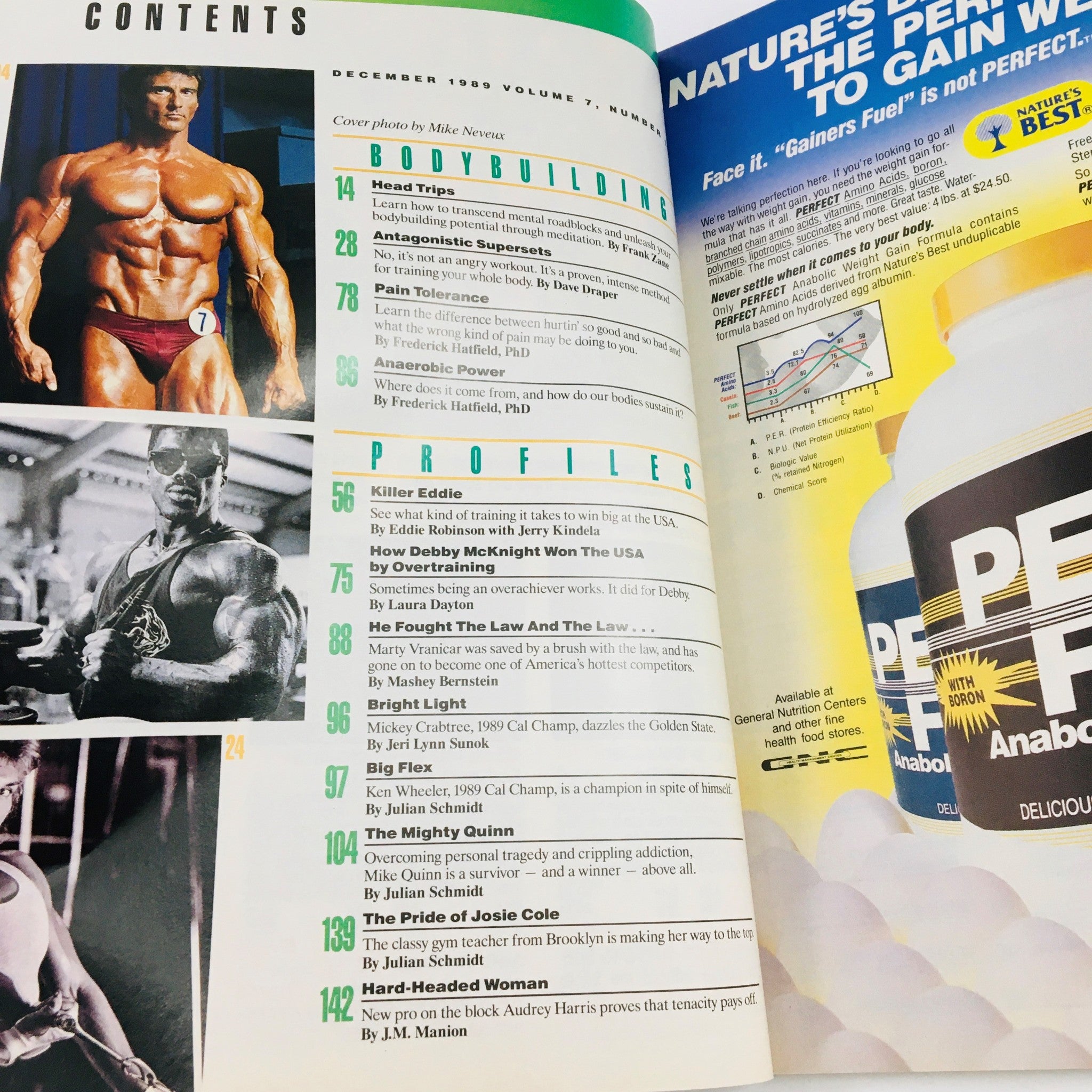Contents page of Joe Weider's Flex Magazine December 1989, listing articles on bodybuilding, training, and profiles including Frank Zane, illustrating the magazine's focus on fitness and bodybuilding.