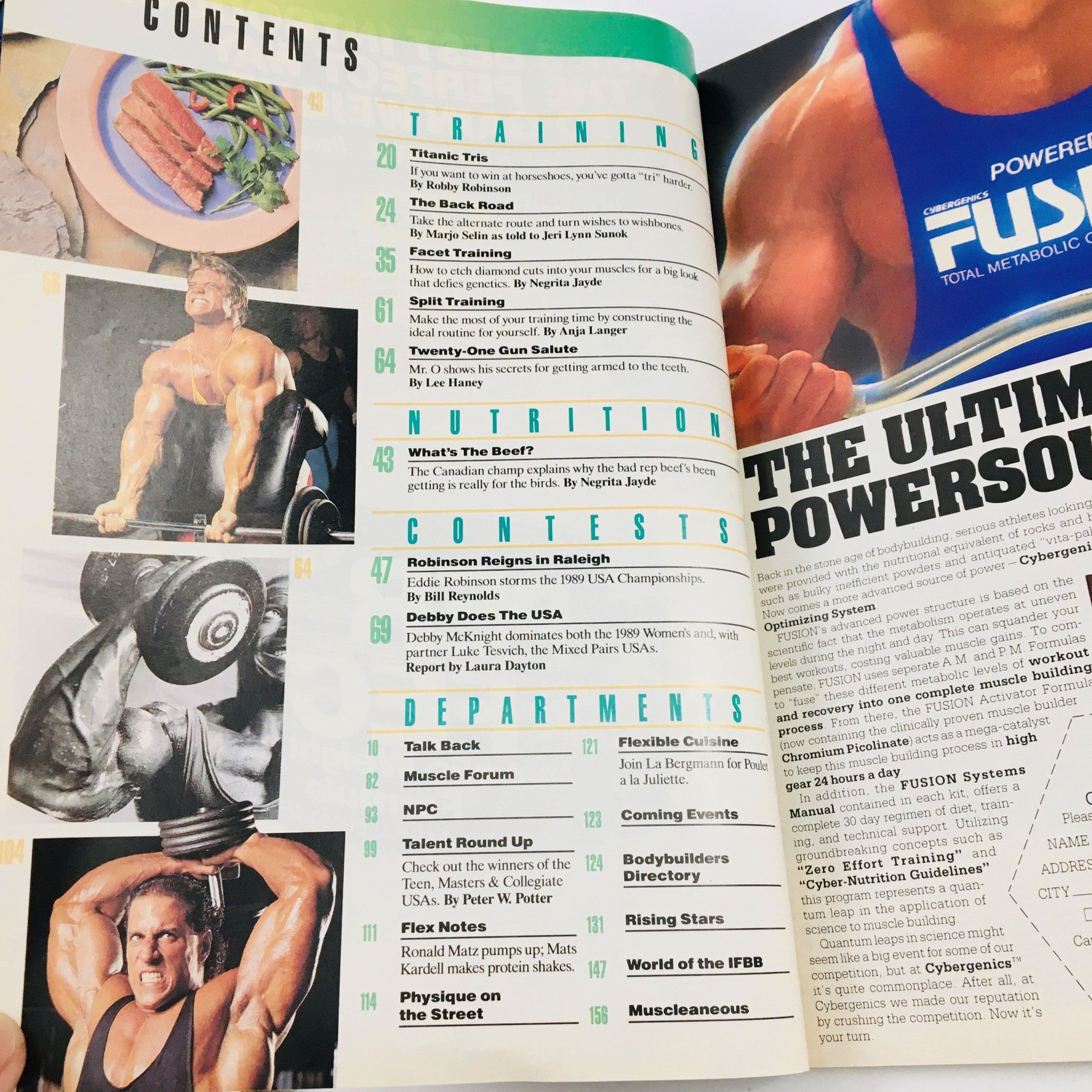 Second contents page of Joe Weider's Flex Magazine December 1989, detailing sections on training and nutrition, emphasizing the magazine's dedication to enhancing bodybuilding knowledge and fitness culture.
