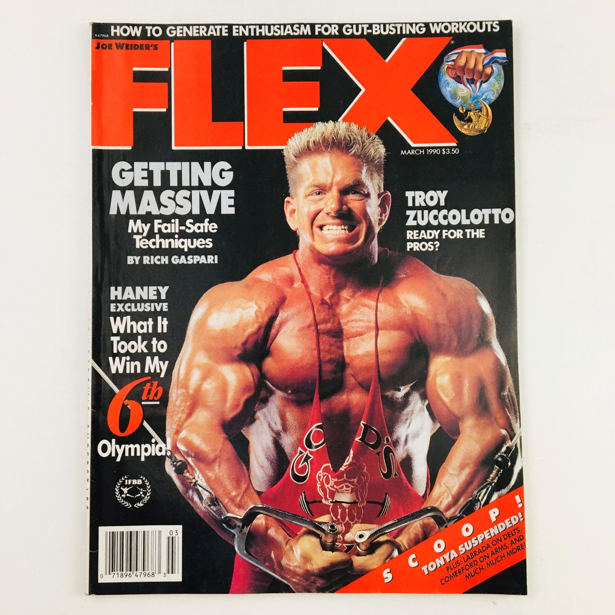 Cover of Joe Weider's Flex Magazine from March 1990 featuring bodybuilder Troy Zuccolotto, with headlines on muscle building and a striking image of Zuccolotto posing.