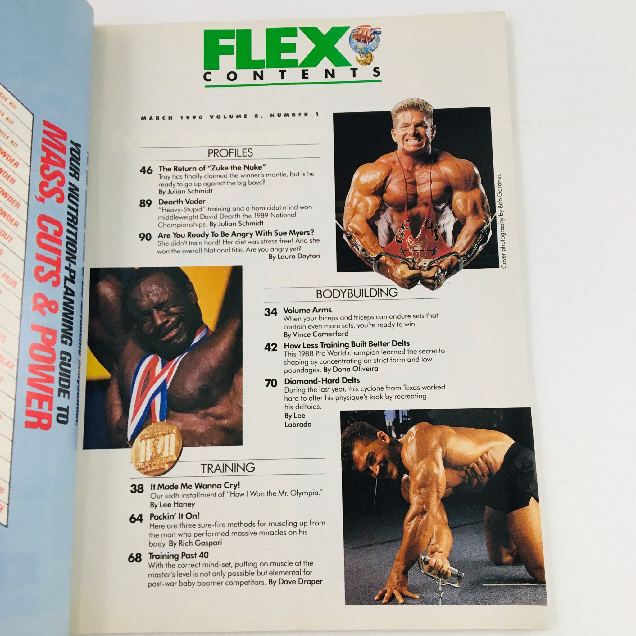 Contents page of Joe Weider's Flex Magazine March 1990, highlighting articles on bodybuilding, training tips, and profiles, featuring an image of Troy Zuccolotto.